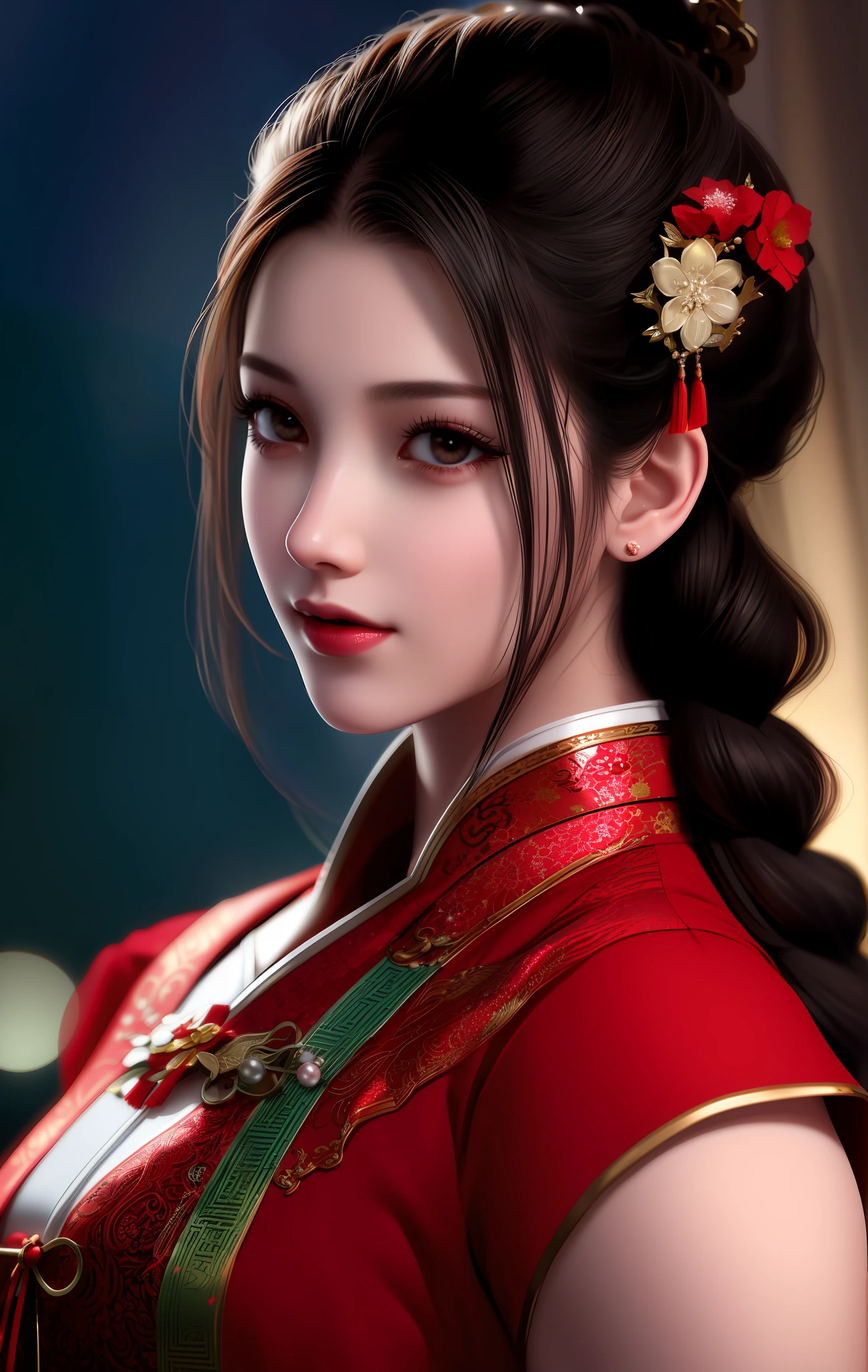 best quality, masterpiece, night, full moon, 1 girl, mature woman, chinese style, ancient china, sister, imperial sister, smile, dark brown hair, dark hair, princess cut, a braid Fried Dough Twists, curled hair, double ball head, light pink lips, calm, intellectual, medium hair, green eyes, hair clip, hydrangea, thin face, facial close-up, red clothes, Beautiful face, photorealistic, rim lighting, two-tone lighting, (high detailed skin: 1.2), 8k UHD, DSLR, soft lighting, high quality, volumetric lighting, photography, high resolution, 4k, 8k, Bokeh