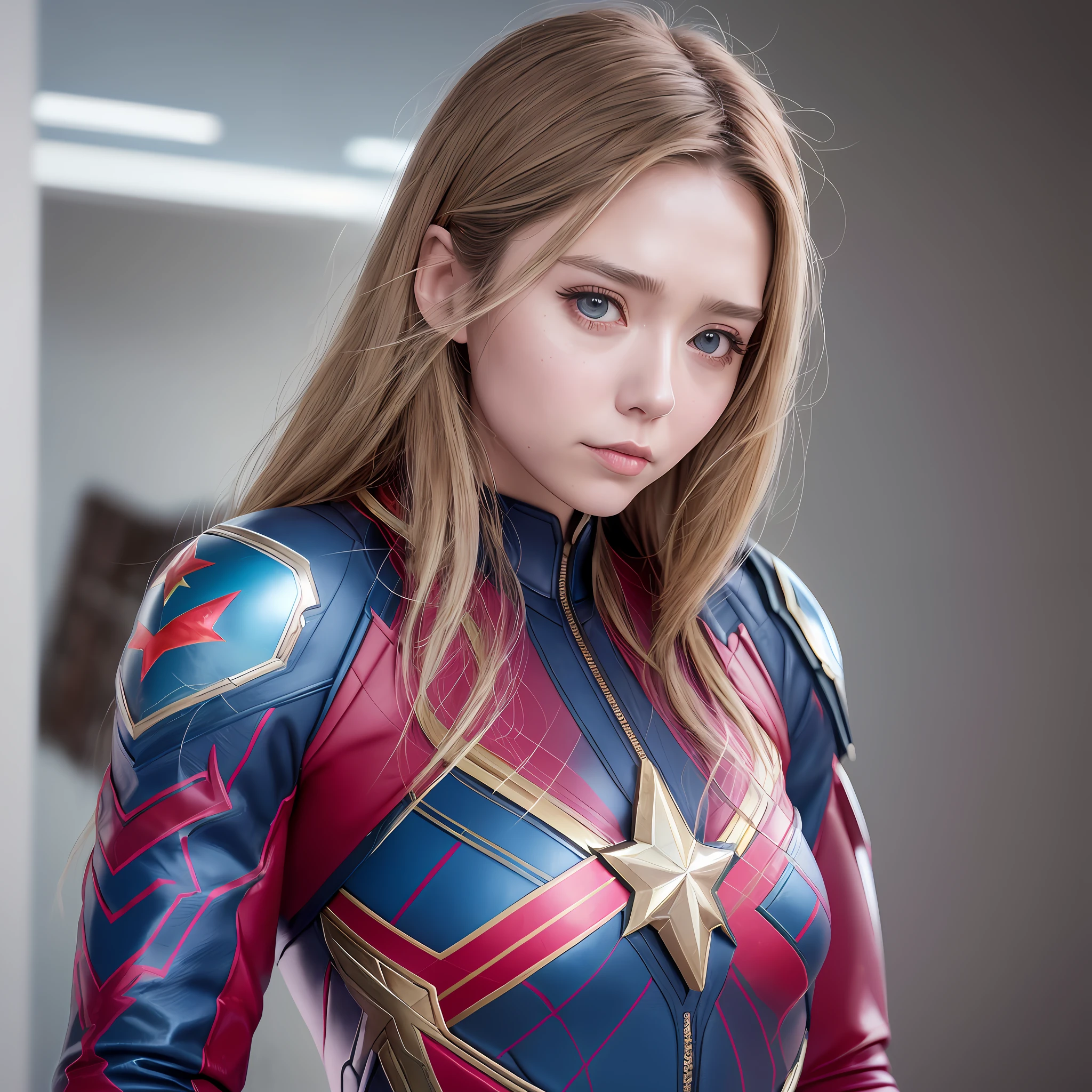“chipupu”, 22 years old, Photo Realistic, Realistic. 1girl realistic, skin realistic, “ Elizabeth Olsen” face, big boobs, captain marvel character, detailed eye makeup, puffy eyes, solo, sharp focus, volumetric fog, 8k uhd, dslr, high quality, film grain, photorealism, lomography