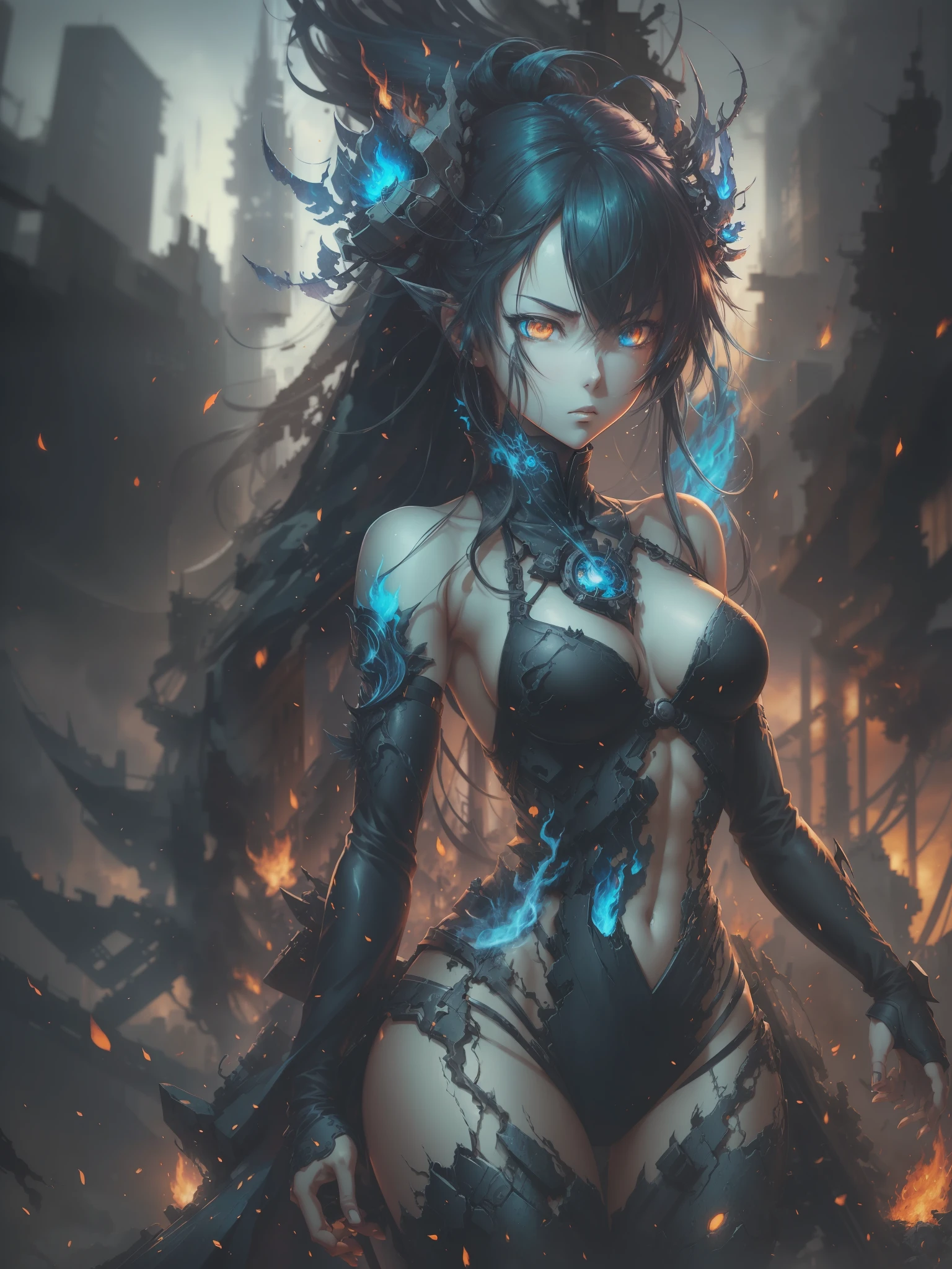 anime style, natural pose, freedom, digital illustration, (anime style), perfect anatomy, black rock shooter, highly detailed, art station, concept art, soft and sharp focus, well-formed eyes, beautiful face, well-defined hips, shy and seductive, left eye with blue flame, chaotic scenery, buildings in the background destroyed, anime style, natural pose, freedom, digital illustration, (anime style), perfect anatomy, vocaloid, black rock shooter, highly detailed, art station, concept art, soft and sharp focus, well-formed eyes, beautiful face, well-defined hips, shy and seductive, left eye with blue flame, chaotic scenery, buildings in the background destroyed, a guitar with skull details and blue fire