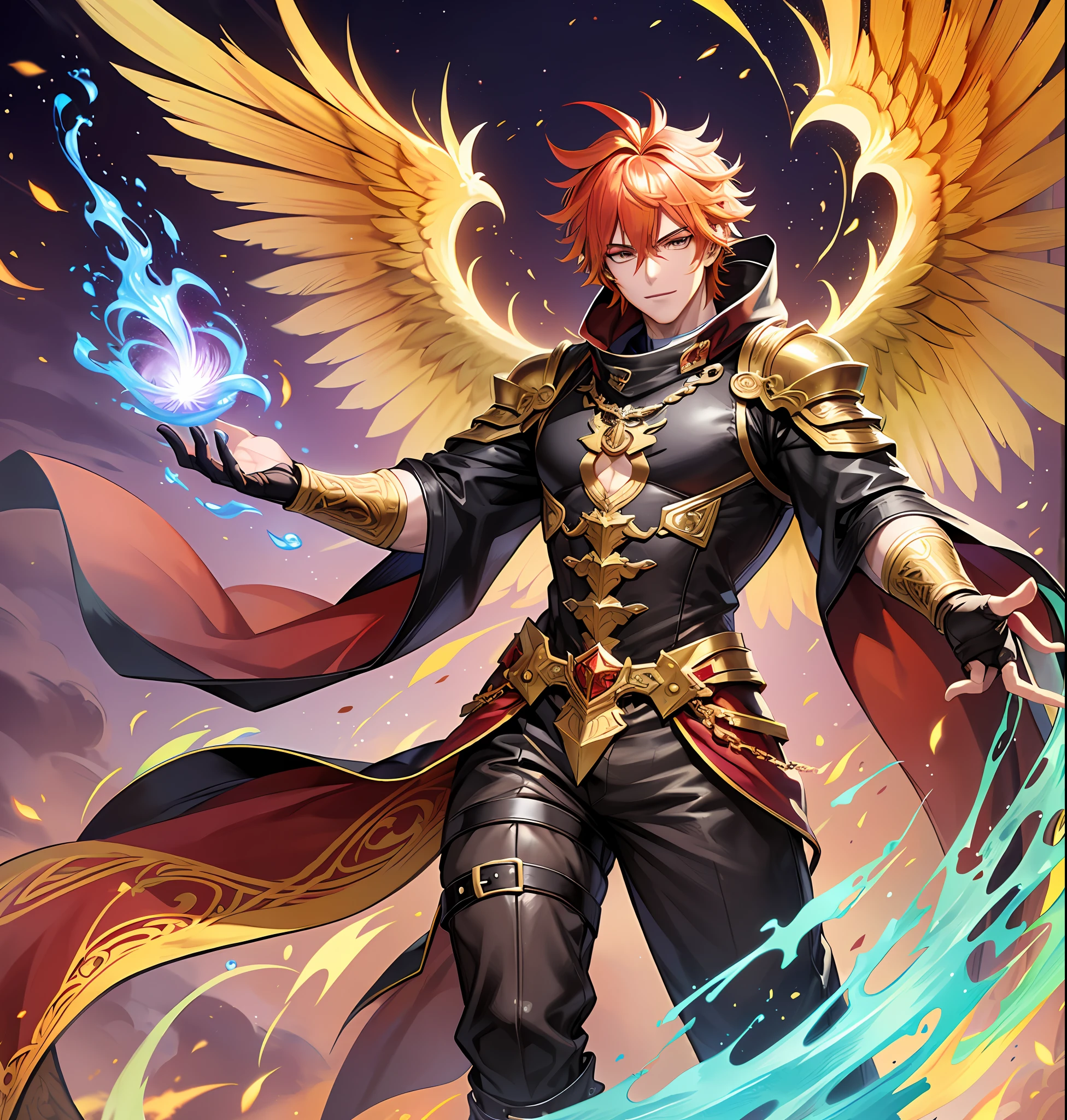 full body, handsome male deity with a fiery aura and blazing red hunter eyes, sporting yellow hair and majestic fiery wings that show off his attractive face and .