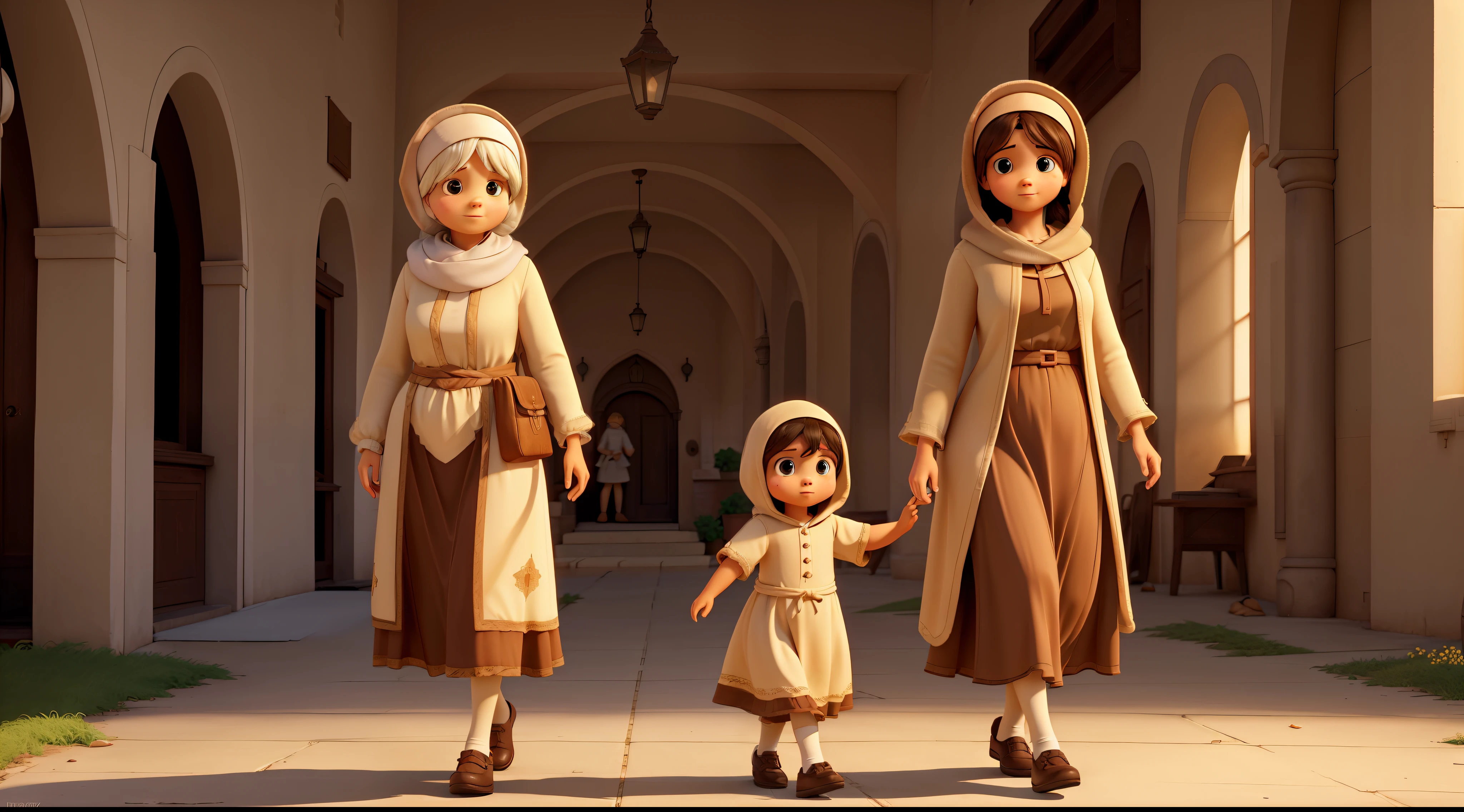 Illustrious The old mother Mary and her daughter Ana only three years old, walking through the busy streets, watching the people in a hurry, while they themselves emanate peace and trust in God, ((composition: warm colors + contrast: high + saturation: high: 1.2 + sharpness: high + texture: roughness)), ((light: natural and warm + shade: soft and soft)). [Embed tag: garbage camp + survival].