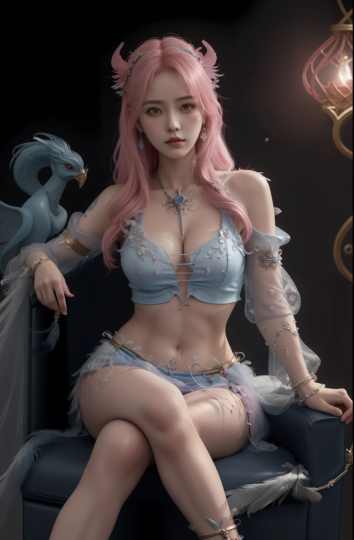 Masterpiece, top quality, pink hair, blue lightning, realistic, realistic details, details. Blue clothes. Blue thunder. Blue crystal. Airborne particles. Blue smoke. Cross-legged. Agra. Cross-legged. Cross-legged sitting. Sit cross-legged. Sit cross-legged. Tattoo. Tattoo.
1 girl, beauty, seductive face,, fine skin, anicos_inori,, long hair, navel, parted sleeves, bare shoulders, middle opening, cleavage, middle chest, hair clip with long feathers, hair ornament, red eyes, thigh height,look at viewer,isekai,mini skirt、darkness ochi。