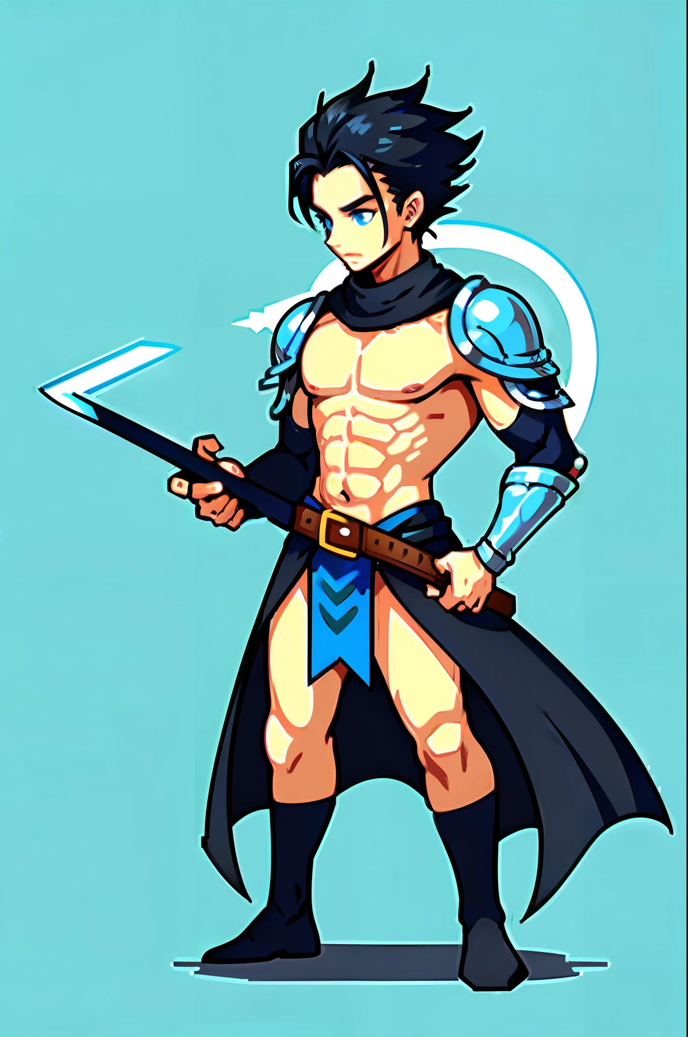 (masterpiece, top quality, best quality), pixel, pixel art, a man with black hair and blue eyes, full body, black hair, medieval clothes, medieval combat costume, dnd rpg, holding sword and shield, shirtless, sword, thunder magic, electric magic, fighter, fighter