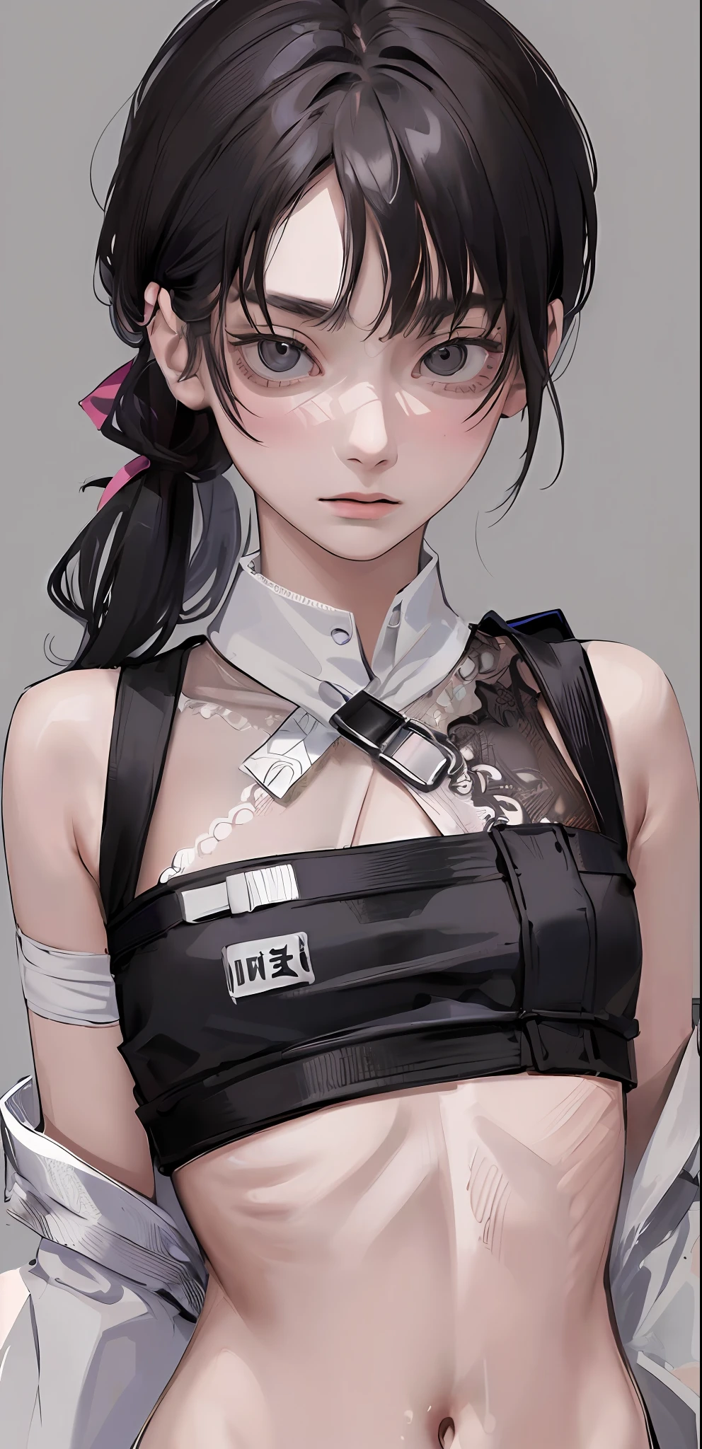 ((masterpiece, best quality)), (1girl), (solo), (female focus), Asa Mitaka \(chainsaw man\),(very detailed face, real image, realistic skin, realistic body, intricate details), upper body, dark eyes, bandages over the body, black hair, casual shirts, bandages, bandages, small breasts, classroom, Blur background