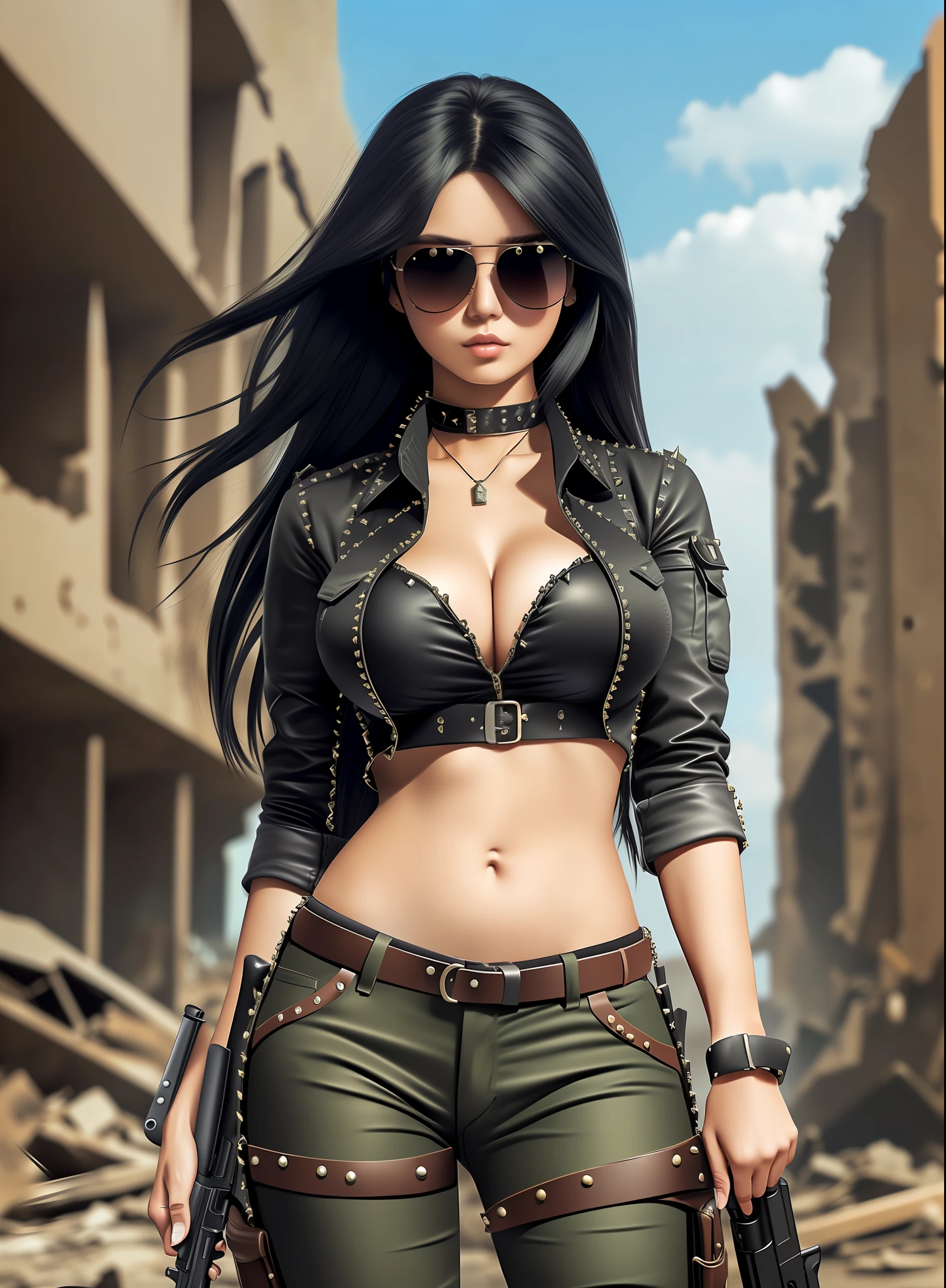 Medium breasted woman, pants, rivets, holsters, big gun, long black hair, sunglasses, in ruins