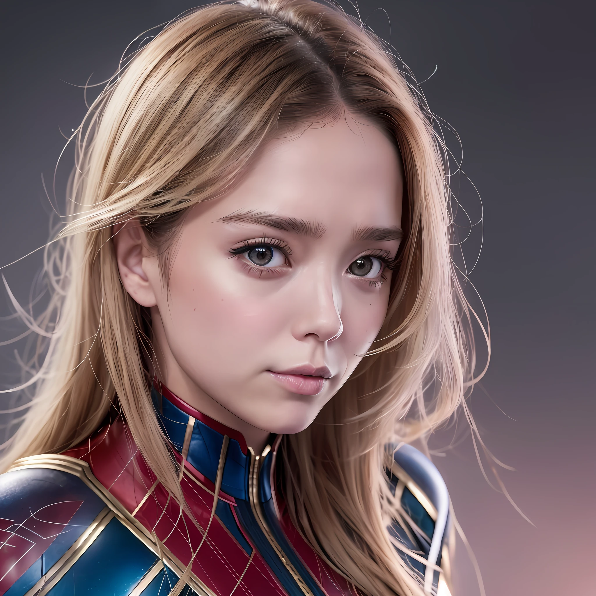 “chipupu”, 22 years old, Photo Realistic, Realistic. 1girl realistic, skin realistic, “ Elizabeth Olsen” face, big boobs, captain marvel character, detailed eye makeup, puffy eyes, solo, sharp focus, volumetric fog, 8k uhd, dslr, high quality, film grain, photorealism, lomography