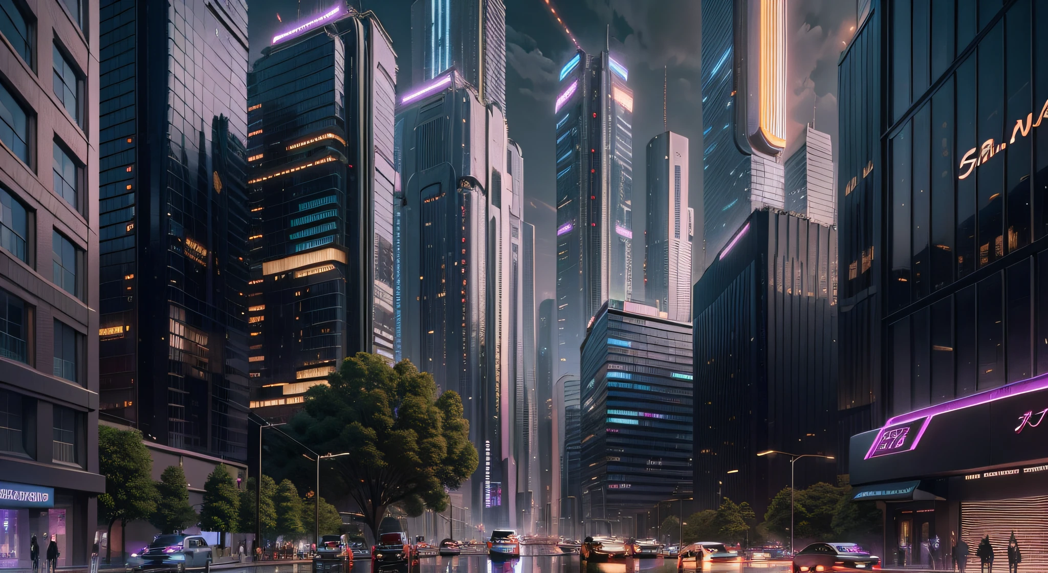 Imagine a city of the future, in the year 2040, where technology and nature coexist in harmony. The buildings are tall and elegant, with solar panels and vertical gardens. The streets are illuminated by neon lights and holograms. The sky is dyed orange and purple by twilight, creating a contrast with the colors of the city. The image is so realistic that it looks like a photograph, with high resolution and richness of detail. 4k image, ultra realistic