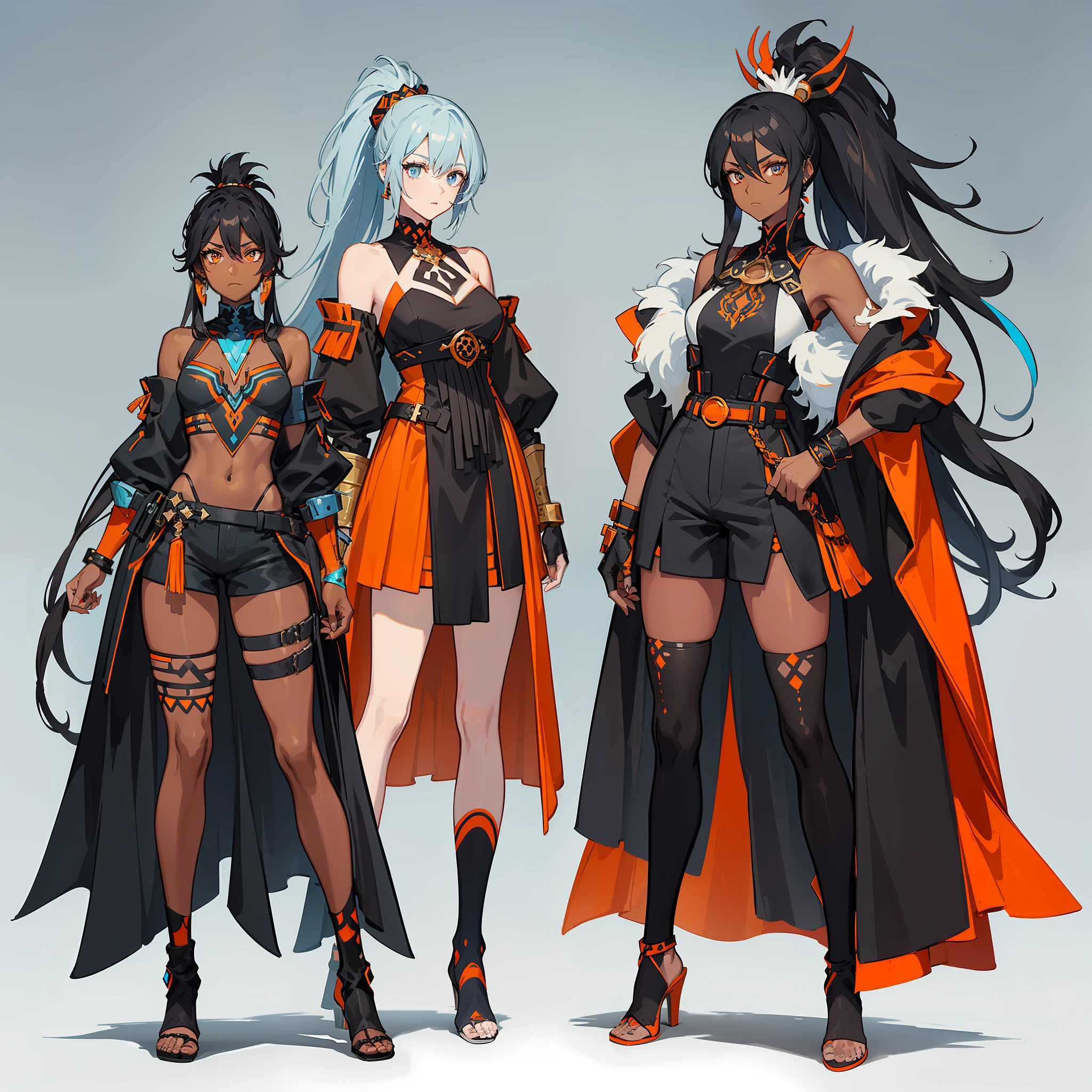 (((concept Art))), (((One character))), Female, (((Dark Skin)))), Black Hair with Ponytail, Light Blue Eyes, Round Glasses with a Slightly Dark Lens with this Lens being Orange, and the Light Blue Color frame, ((Black Metallic Gauntlets and Greaves with Orange and Silver Highlights)), (((The Clothes Have a Mix of Modern and Tribal))), (((The Clothes Have a Mix of Modern and Tribal))), having mostly the color black, but having parts in orange, shoulders exposed, at the hip a shorts that extend to half of the thigh of black color.
