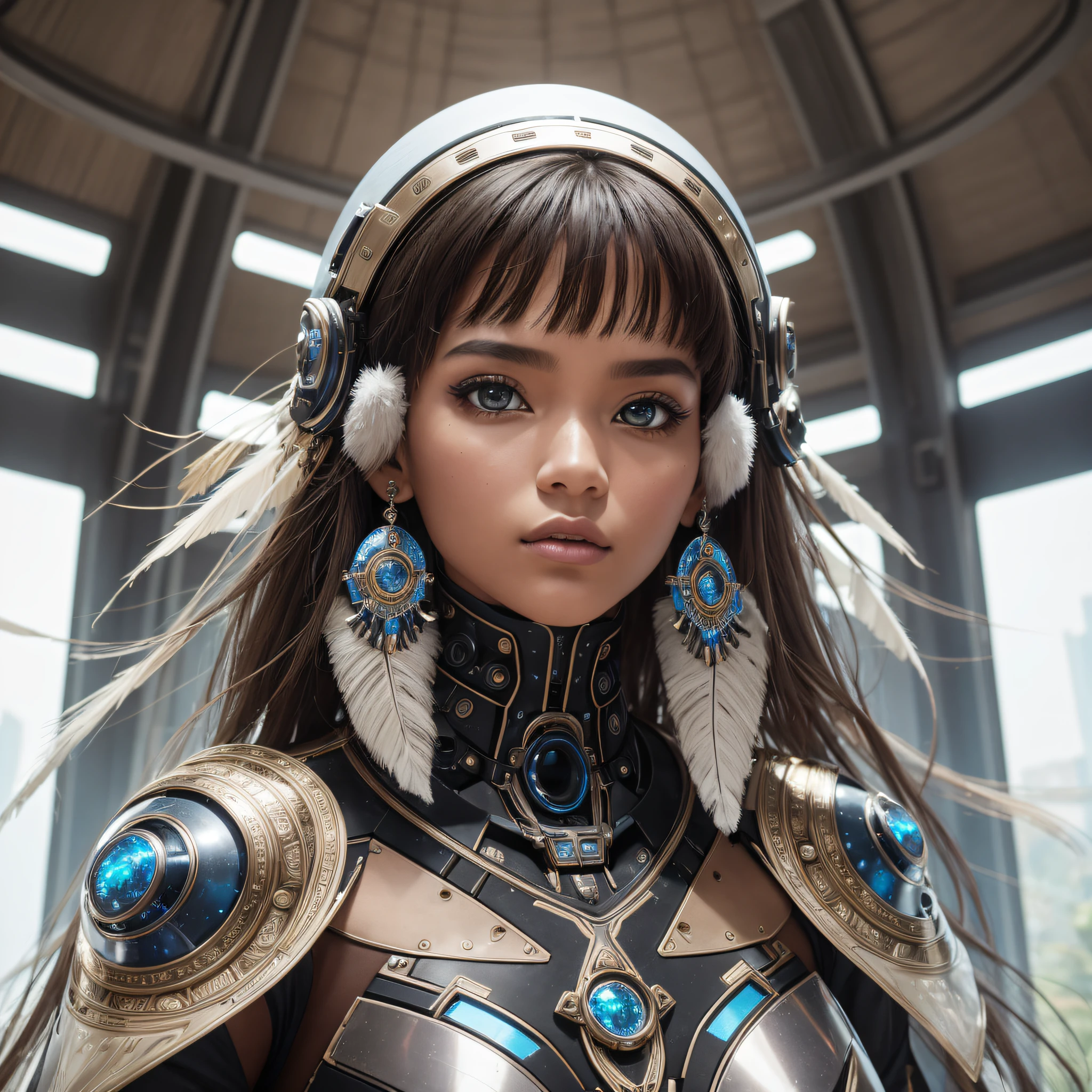 Delve into the realm of imagination and witness an awe-inspiring sight. A robo-female of exquisite beauty, her humanoid features reminiscent of the indigenous tribes of Brazil, is exquisitely captured in a high-resolution, ultra-realistic photograph. Crafted with precision from beige acrylic, her captivating allure is accentuated by the flawless brown skin. Gazing sideways towards the camera, she emanates a sense of mystery and intrigue. The backdrop portrays a futuristic and robotic rendition of an indigenous habitat, where traditional huts intermingle with the avant-garde. The photograph, taken by the talented duo Mert and Marcus, utilizes a Phase One XF IQ4 with a standard lens. The lighting conditions encompass a mix of studio lighting and volumetric lighting, enigmatic and ethereal. 8K, Ultra-HD, Super-Resolution. --v 5 --q 2 --auto --s2