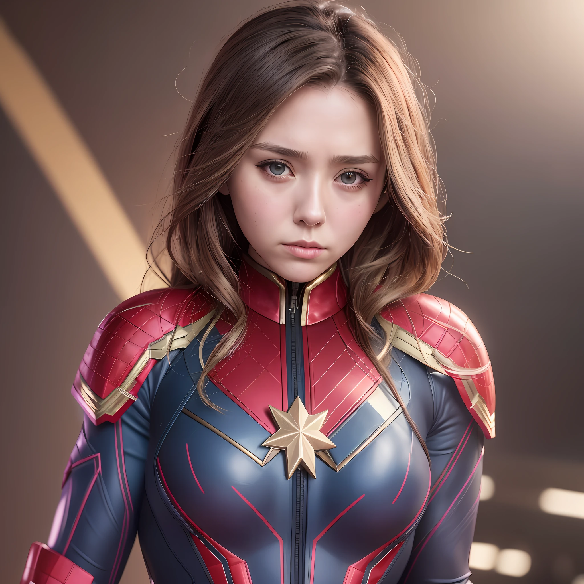 “chipupu”, 22 years old, Photo Realistic, Realistic. 1girl realistic, skin realistic, “ Elizabeth Olsen” face, big boobs, captain marvel character, detailed eye makeup, puffy eyes, solo, sharp focus, volumetric fog, 8k uhd, dslr, high quality, film grain, photorealism, lomography