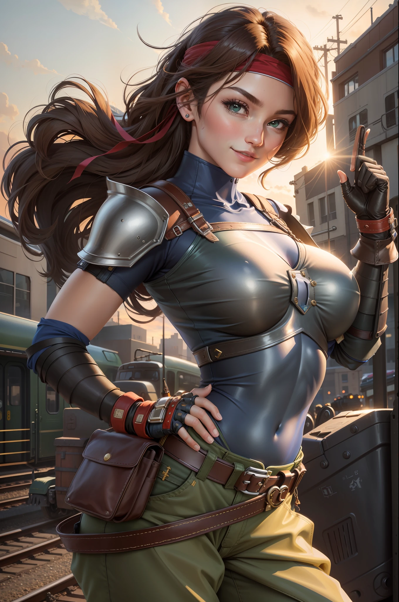 masterpiece, best quality, jessie rasberry, headband, armor, blue bodysuit, belt, pouch, fingerless gloves, green pants, smirk, looking at viewer, train station, night, (huge breasts)