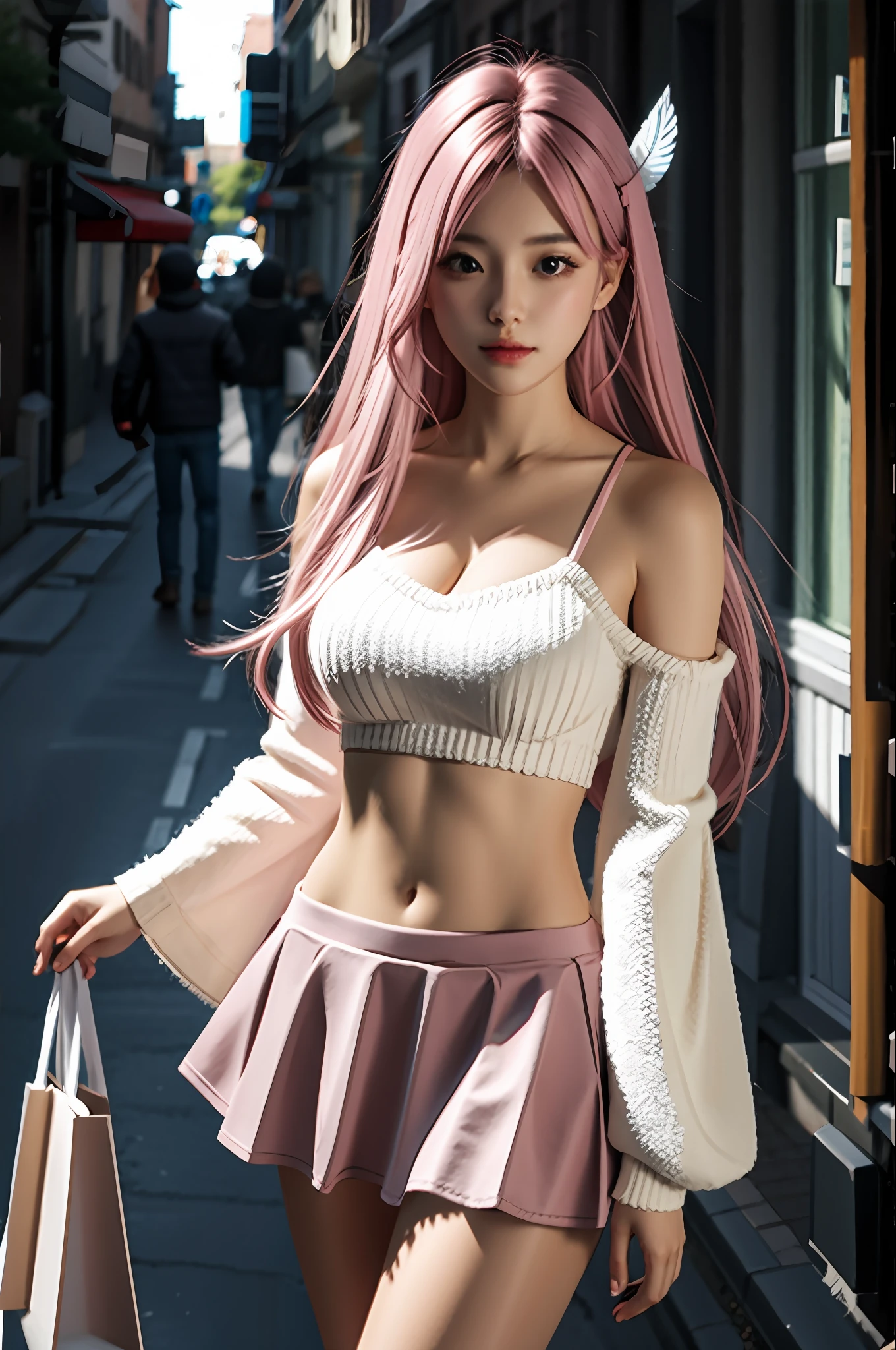 Realistic, realistic details, details
break
1 girl, beauty, seductive face,, fine skin, anicos_inori, pink hair, long hair, navel, parted sleeves, bare shoulders, center opening, cleavage, middle chest, hair clip with long feathers, hair ornament, red eyes, thigh height,, full body, watch viewer,
Break, Another World, Miniskirt, Darkness
, simple background
break
Perspective, blurry background, third rule, sharp focus, depth of field
break
(Urzan-6500-V1.1:0.2)
