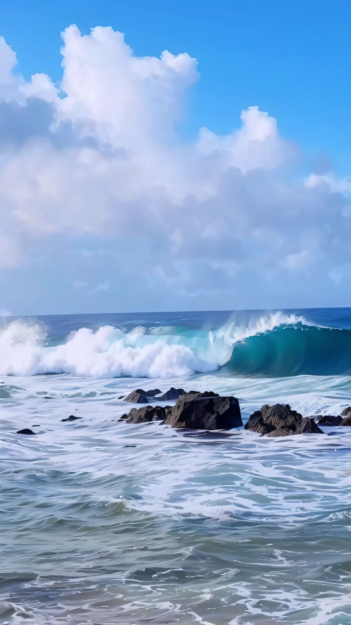 there is a man standing on a rock in the ocean, stunning waves, blue crashing waves, crashing waves, ocean swells, wave breaking, big waves, giant waves, soaring waves, waves crashing, by Tom Wänerstrand, large waves, large waves crashing over it, towering waves, breathtaking wave, ocean waves, roaring ocean in front, ((waves