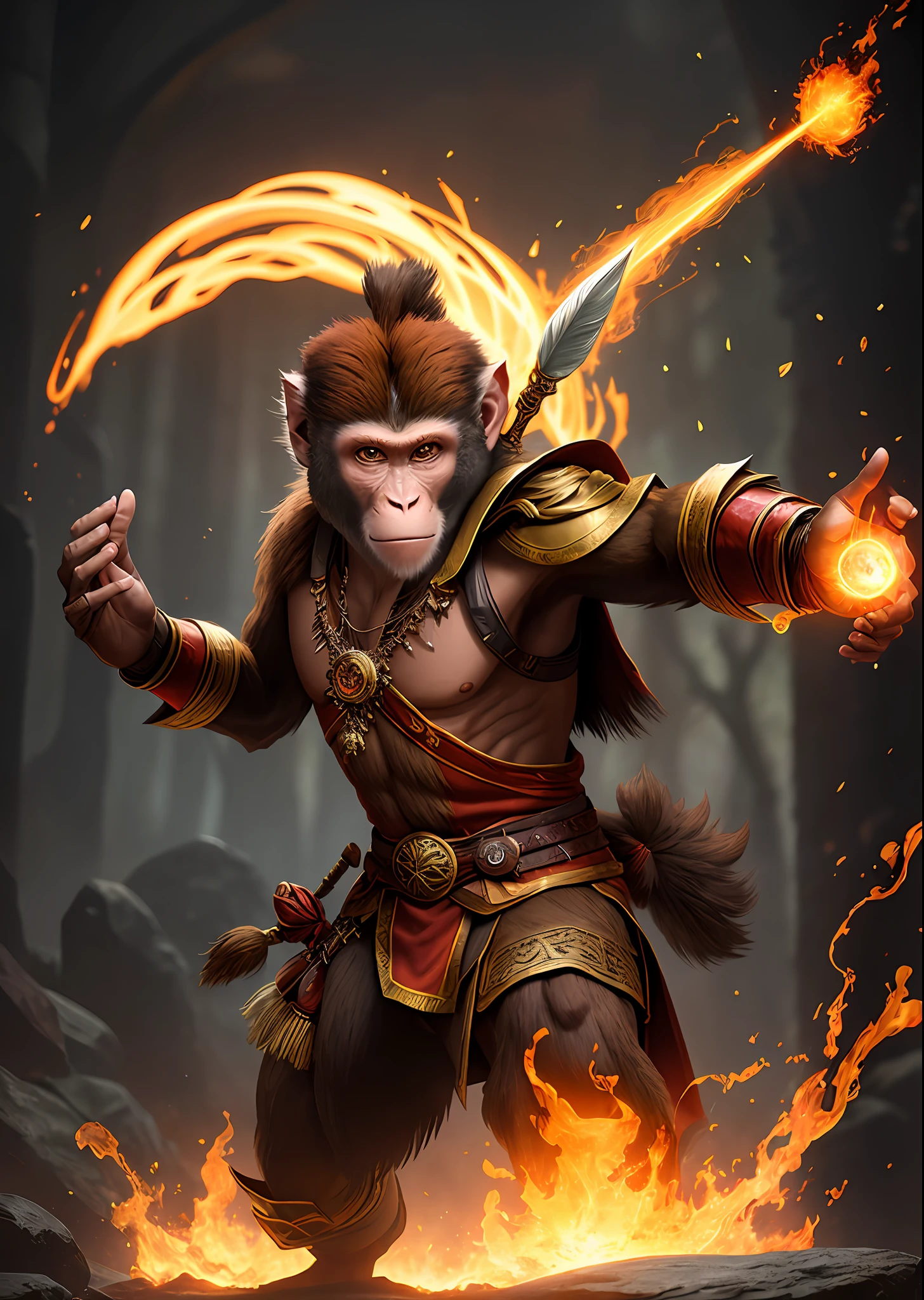 Create a photorealistic image of a ((warrior monkey sorcerer)) casting a spell. Use cutting-edge techniques including HDR, CGI, VFX, and insane levels of detail to create an ultra-sharp, ultra-realistic image. Use Unreal 5 and Octane Render to bring the scene to life, with a focus on creating a complex masterpiece that showcases the power and magical prowess of the fire mage.