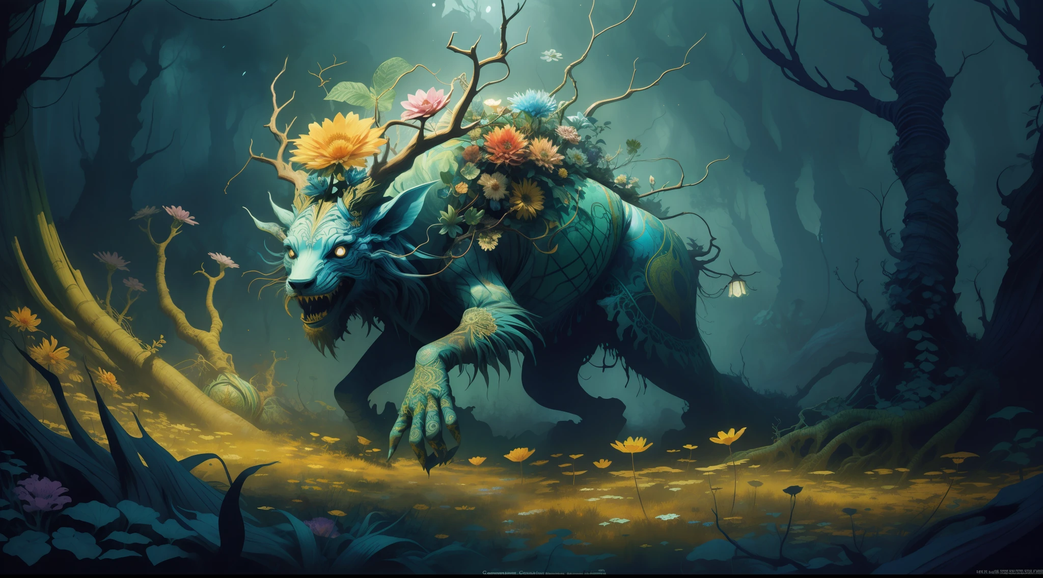 horror art, fear, unified 8k wallpaper, super detailed, beauty and aesthetics, masterpiece, best quality, (zentangle, mandala, tangles, entanglements), 1girl, (shimmering tulle earth tones intricate flower woven robes: 1.2), deep and rich black shadows, (up close from the side: 1.1), Mother Earth, smiling, enchanting whimsical fantasy forest background, happiness, enchanting atmosphere, very detailed, dynamic angle, cowboyshot, the most beautiful chaotic forms, elegance, fauvist design, bright colors, romanticism, by James Jean, Robbie Devi Antonio, Ross Tran, Francis Bacon, Michal Mraz, Adrian Gaini, Petra Koreit, Gerhard Richter, Takashi Yamamoto, Ashley Wood, Atmospheric
