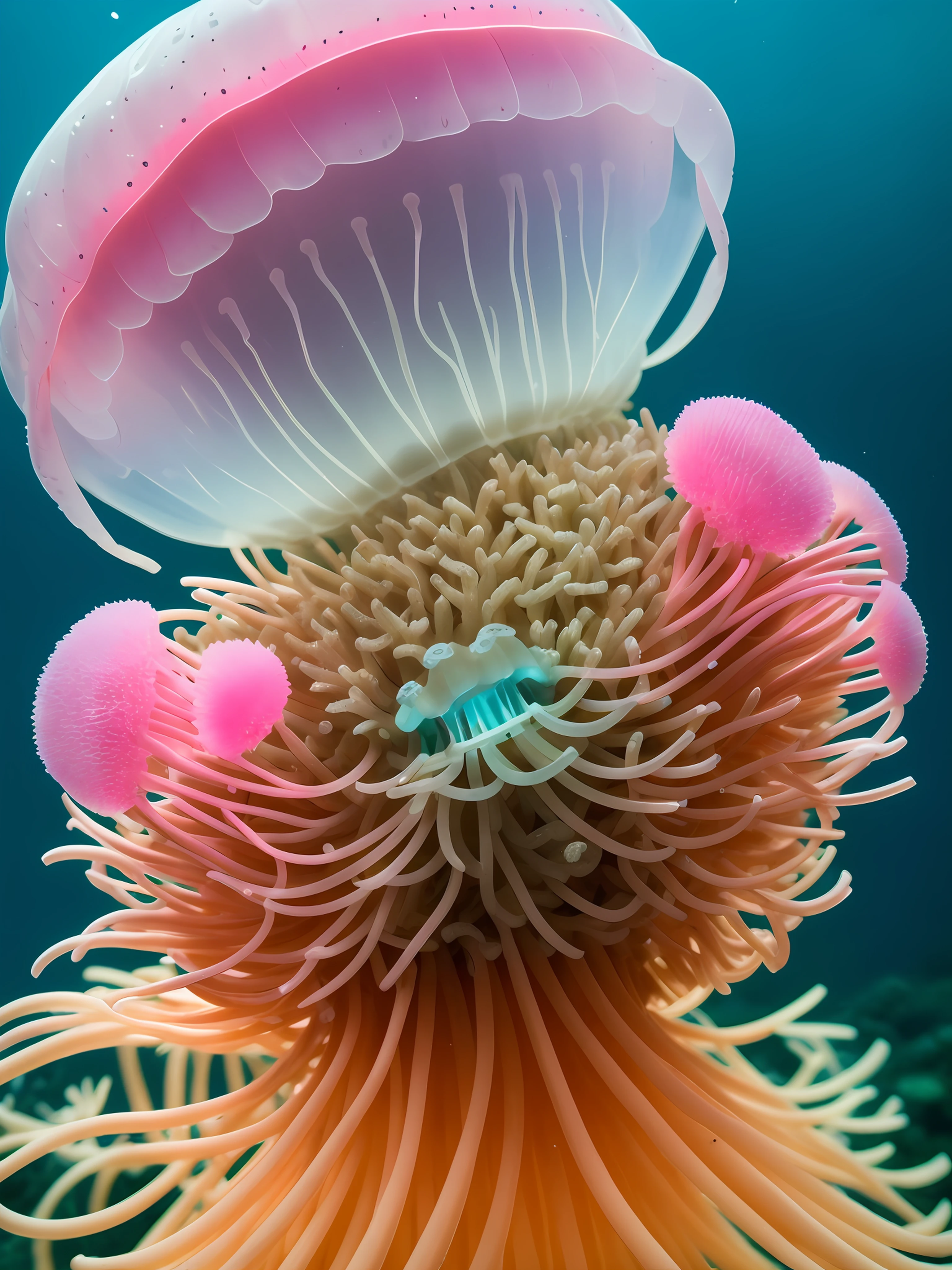 Under water, intricate detail, macro shooting glowing jellyfish, coral, bulbs, brightness, (neutral color: 1.2), ultra-detailed, cinematic, complex background