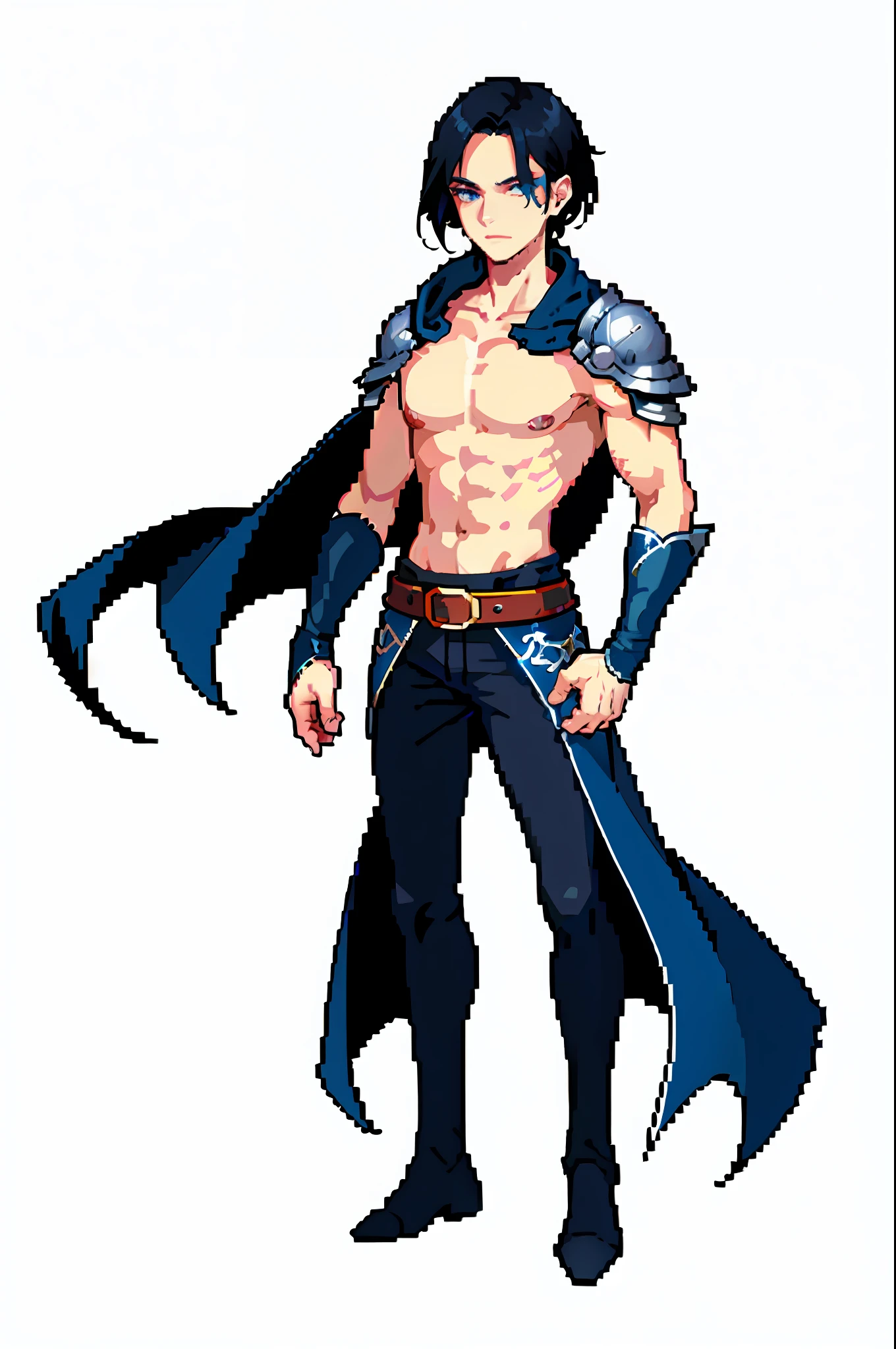 (masterpiece, top quality, best quality), pixel, pixel art, a man with short black hair and blue eyes, full body, black hair, medieval clothes, medieval combat costume, dnd rpg, shirtless, thunder magic, electric magic, fighter, white background,
