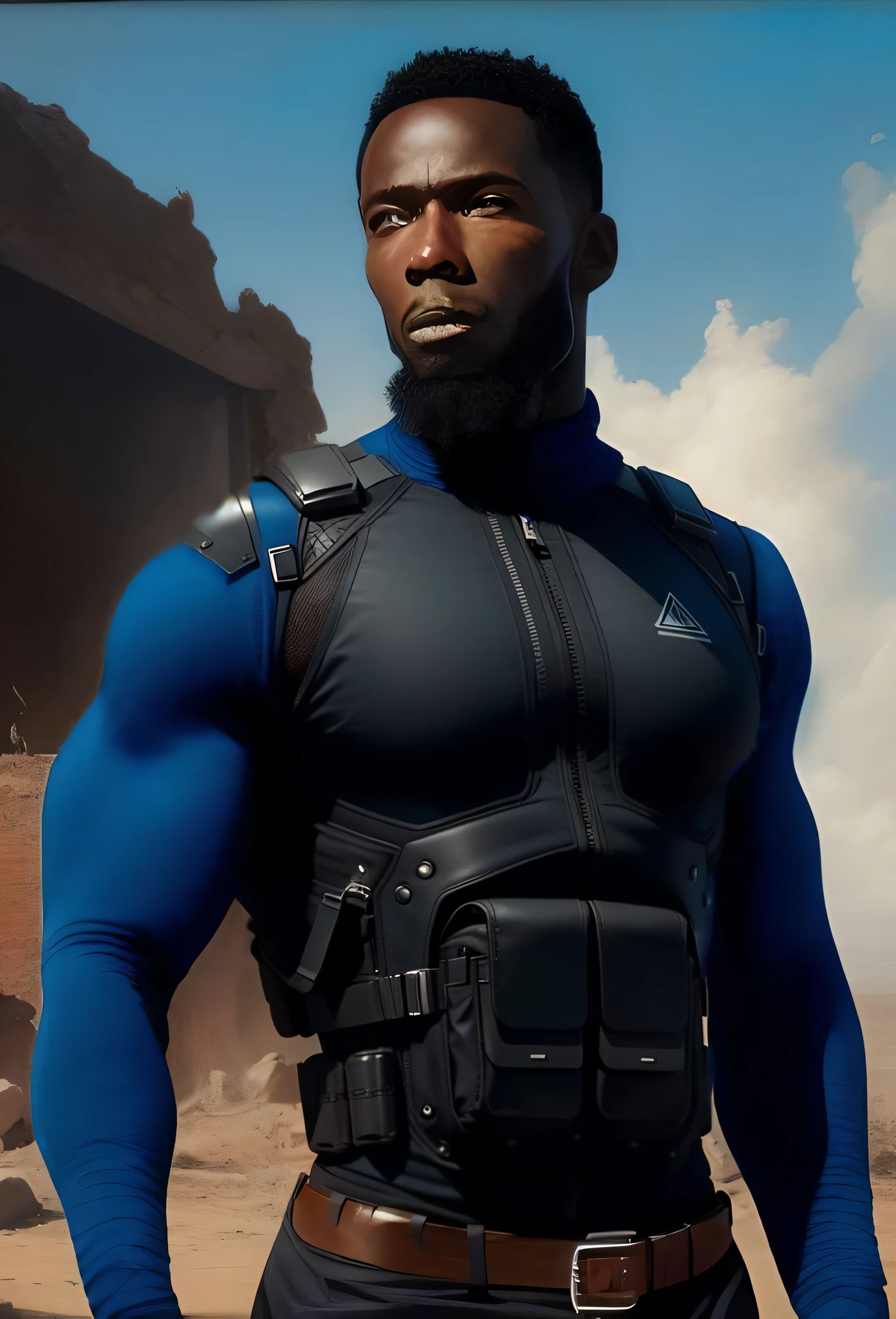 Ultra-realistic ballistic vest with high definition texture, perfectly adjusted to the body, with multiple compartments and minute details in metal, black and gray fabric, low lights, inspired by futuristic science fiction video games.