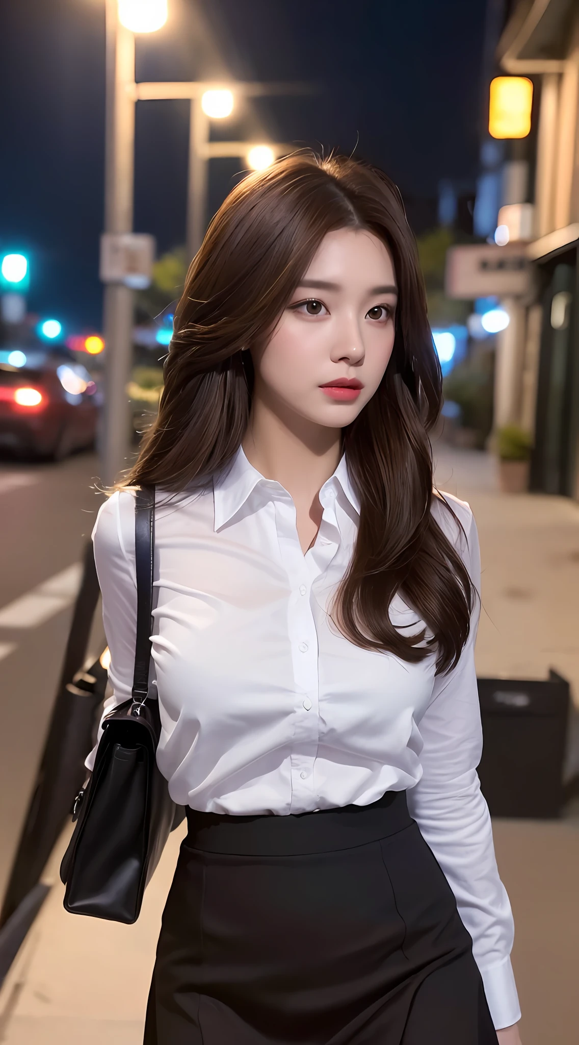 ((Realistic lighting, Best quality, 8K, Masterpiece: 1.3)), Focus: 1.2, 1girl, Perfect Figure: 1.4, ((Dark brown hair)), (White shirt, black skirt: 1.4), (Outdoor, night: 1.1), City streets, Super fine face, Fine eyes, Double eyelids