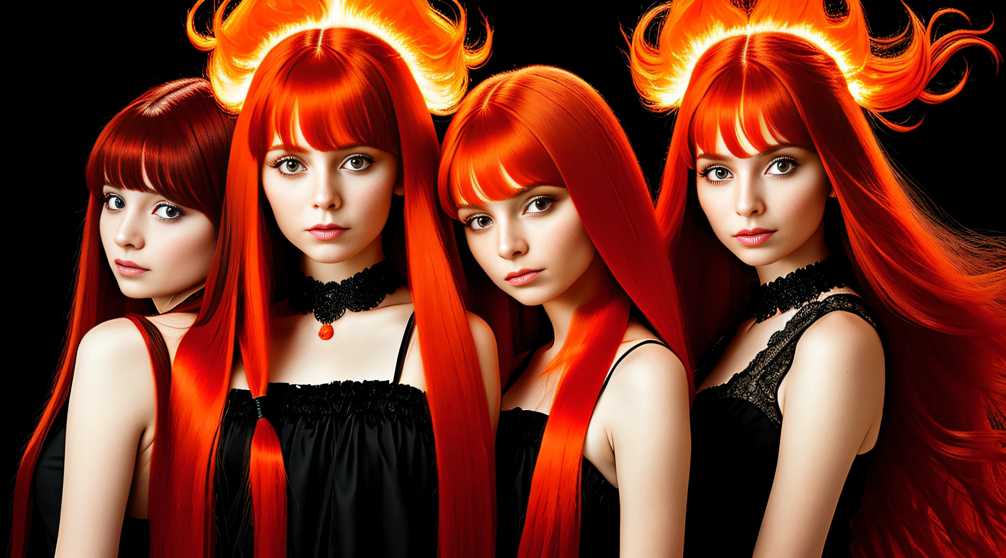 3 girls Russian children with 10 years old, WITH LONG STRAIGHT HAIR, PORTRAIT STYLE, with bright red hair and a black dress, flowing backlit hair, flaming hair, infrared hair, made in maya and photoshop, glamour color portrait, maya, fire hair, flowing orange hair, fractal hair, psychedelic hair flowing, fashion color studio lighting,  advertising photography, flowing hair, leeloo, beautiful long fire hair, electrified hair