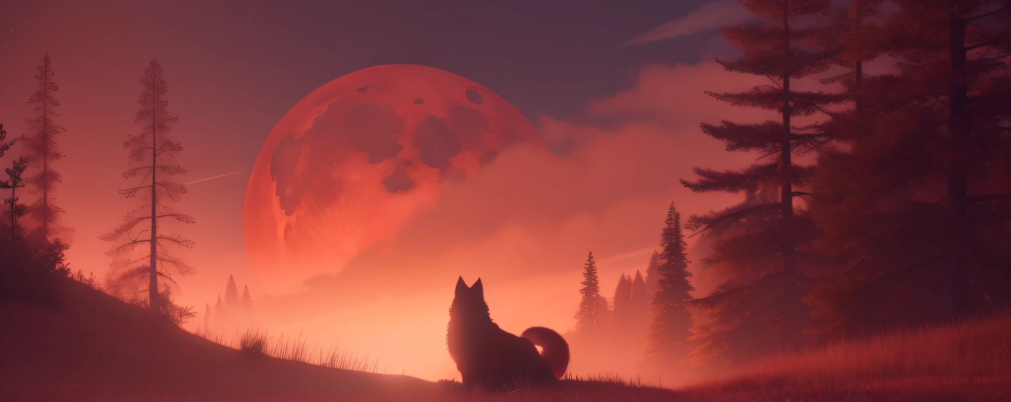 Landscape of a blood moon and a wolf, super detailed, better quality