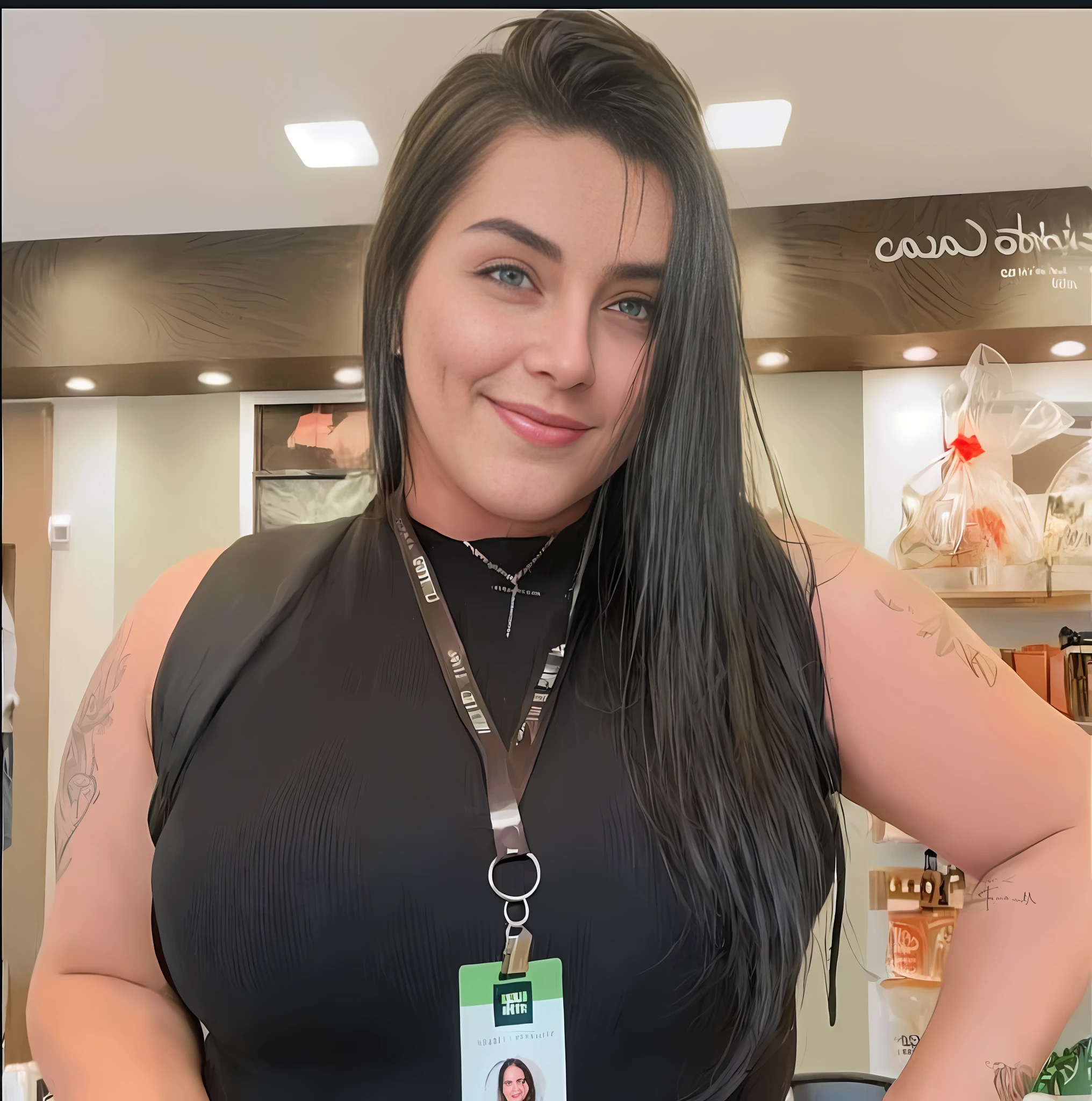 There is a woman with a name tag on her neck, it looks like Fabiula Nascimento, Marischa Becker, Malika Favre, 3 0 years old woman, 30 years old woman, Violet Myers, tanned Ameera al Taweel, 30 years old woman from Cuba, Alanis Guillen, Andrea Rocha, Lorena Avarez details in the texture of the face and hair, with tattoos on the shoulders, sexy smile and penetrating look,  looking at the photographer shiny black hair thrown to the side