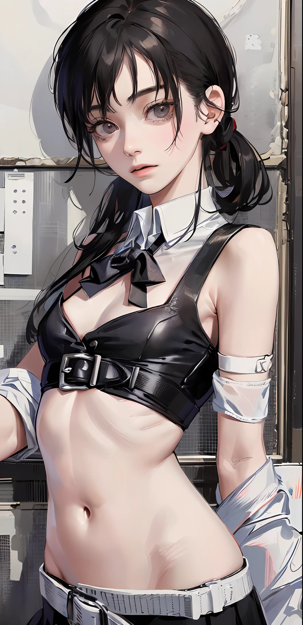 ((masterpiece, best quality)), (1girl), (solo), (female focus), Asa Mitaka \(chainsaw man\),(very detailed face, real image, realistic skin, realistic body, intricate details), upper body, dark eyes, bandages over the body, black hair, casual shirts, bandages, bandages, small breasts, classroom, Blur background