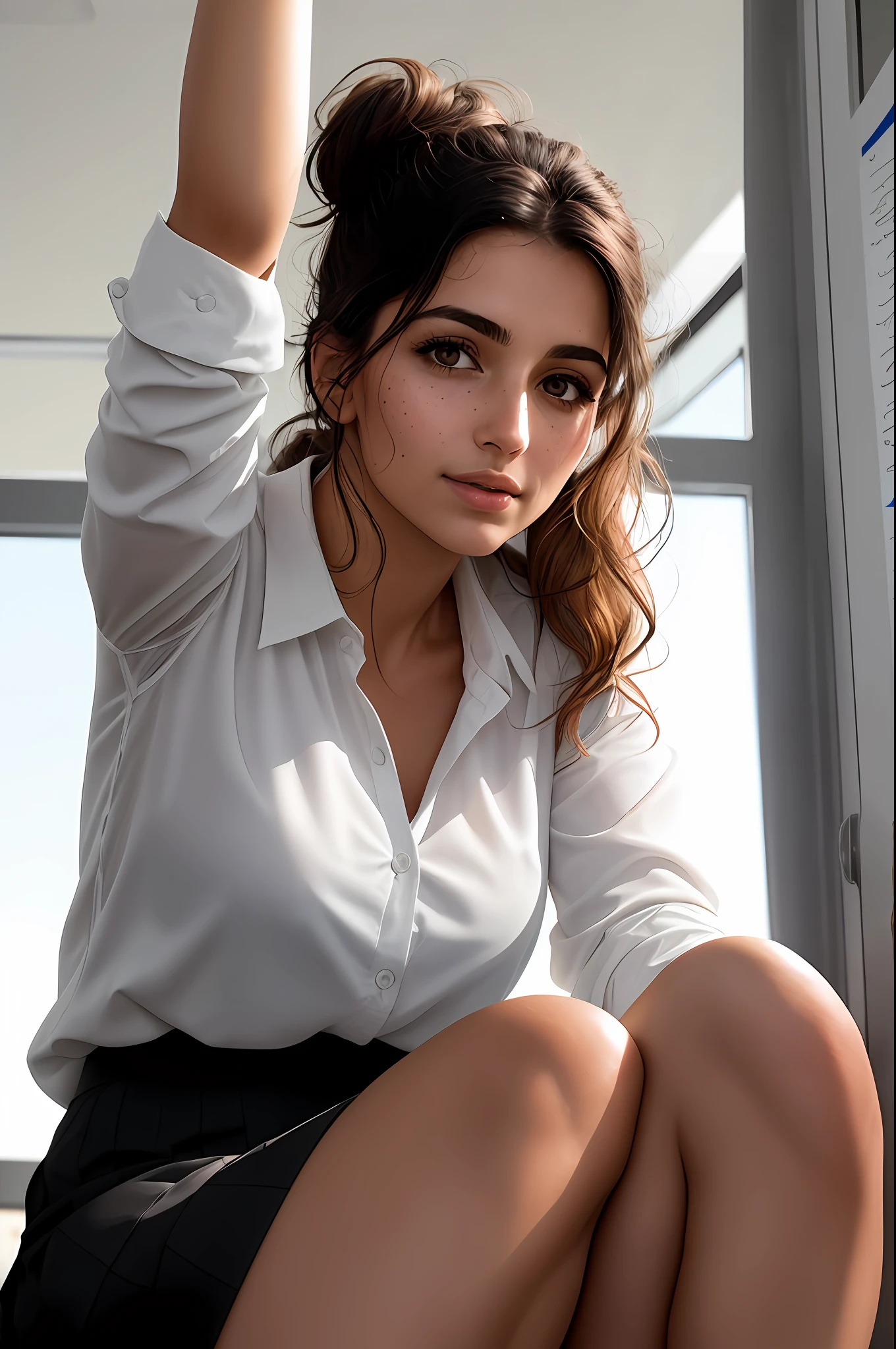 Messy hair, nice turk woman sitting in classroom, artwork on the blackboard, short black skirt, white blouse without buttons, messy buns, camera upwards, voyeurism, slightly sexually aroused, intimacy, soft light, warm light on face and body, computer, focus, skin and hair, soothing, high-detail skin, HDR, partially exposed. photo taken from below, freckle marks on the face,