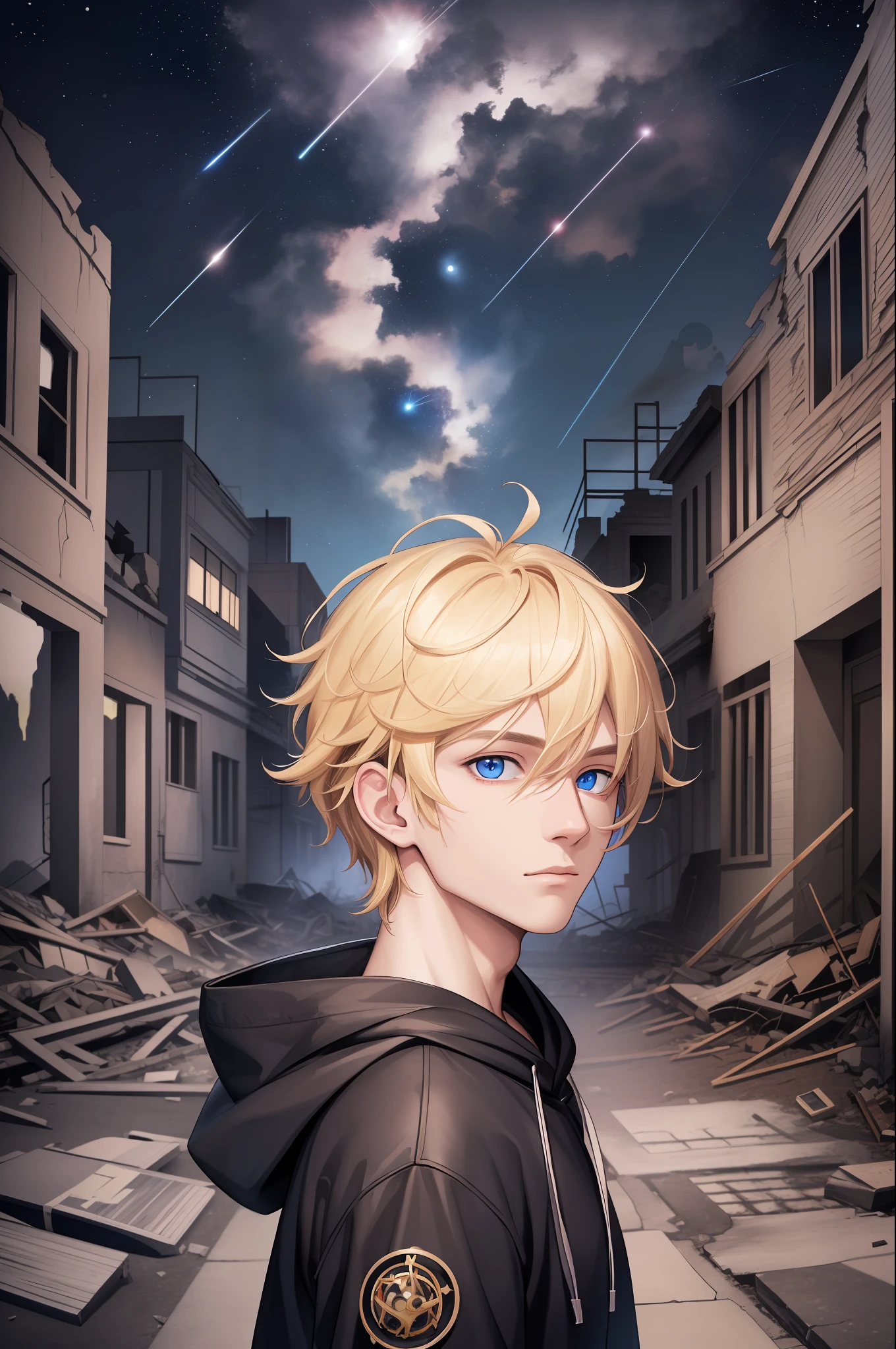 Masterpiece, high quality, absurdes, a guy, blonde hair, detailed eyes and face, blue eyes, handsome face, black hoodie, burning town ruins, abandoned suburban town, meteor shower, at night, chaos, panic, apocalyptic atmosphere