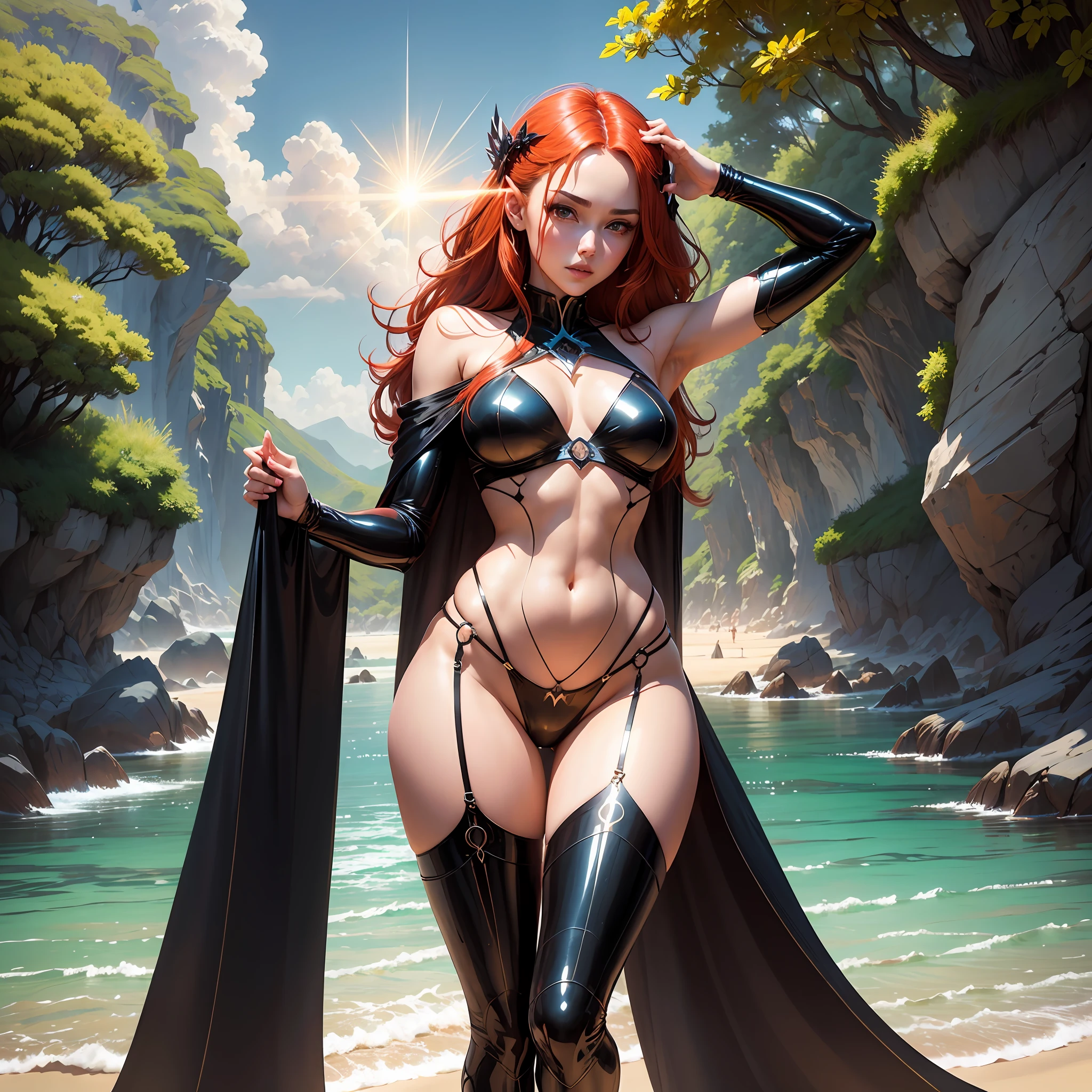 Woman in bikini and cape poses on a beach, red-haired goddess, karol bak uhd, anime goddess, beautiful seductive anime woman, ross tran 8k, bikini in black, full body CGSOCIETY, shiny plastic bikini, realistic bikini, deviantart artstation cgscosiety, cinematic goddess body shot, beautiful goddess, beautiful realistic, (full body girl), big, small lingerie, thin lace, cute face, sun, cinematic light, a beautiful woman, beautiful eyes, perfect anatomy, very beautiful, princess eyes, (black eyes), (head frame), centered image, stylized, bioluminescence, --auto --s2