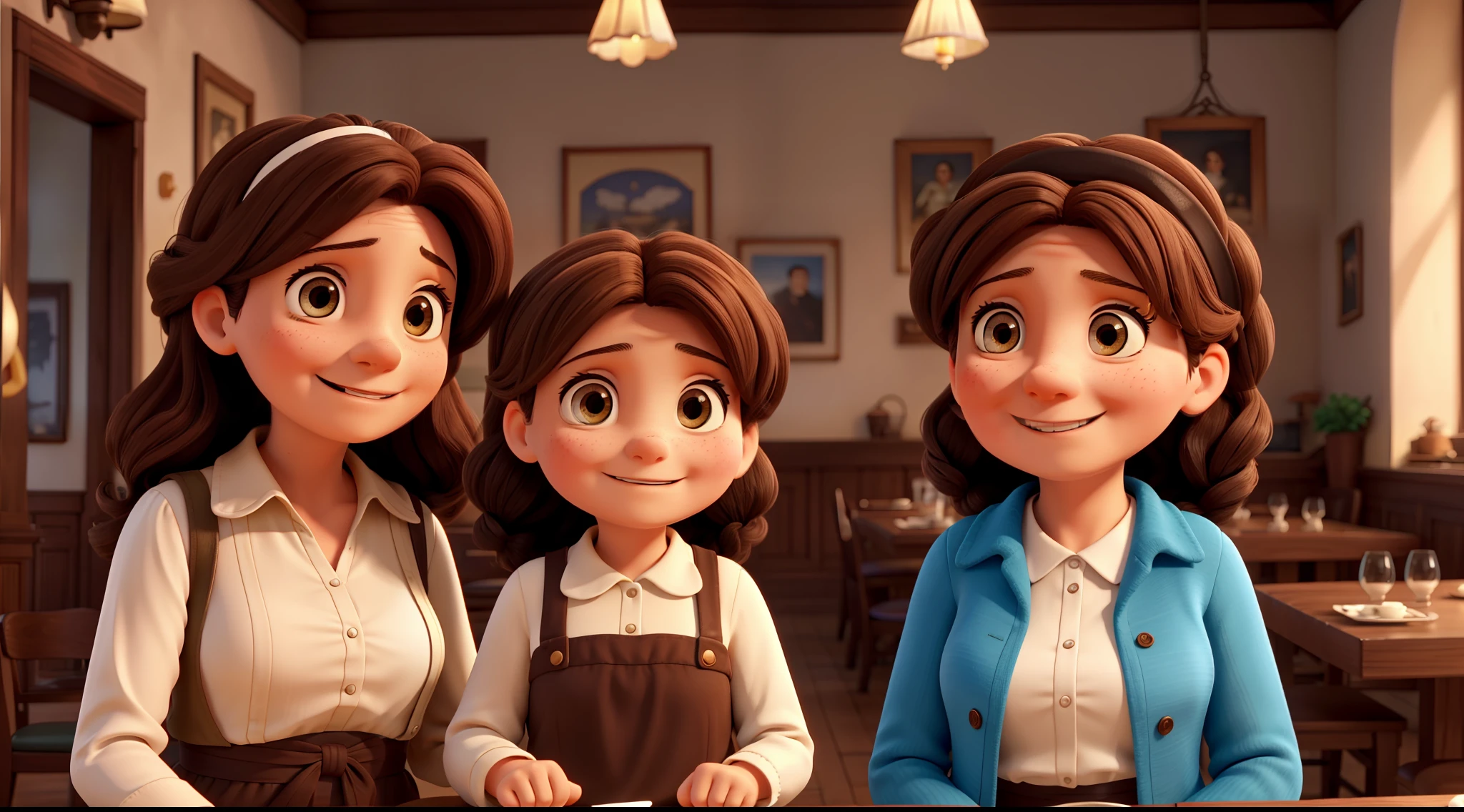 Illustrious The old mother Maria and her daughter Ana of only three years of age, both with brown hair, in an exciting moment because the old Mr. John goes to offer the opportunity of work to Maria in his restaurant, showing the joy in their faces before the new hope that presents itself.