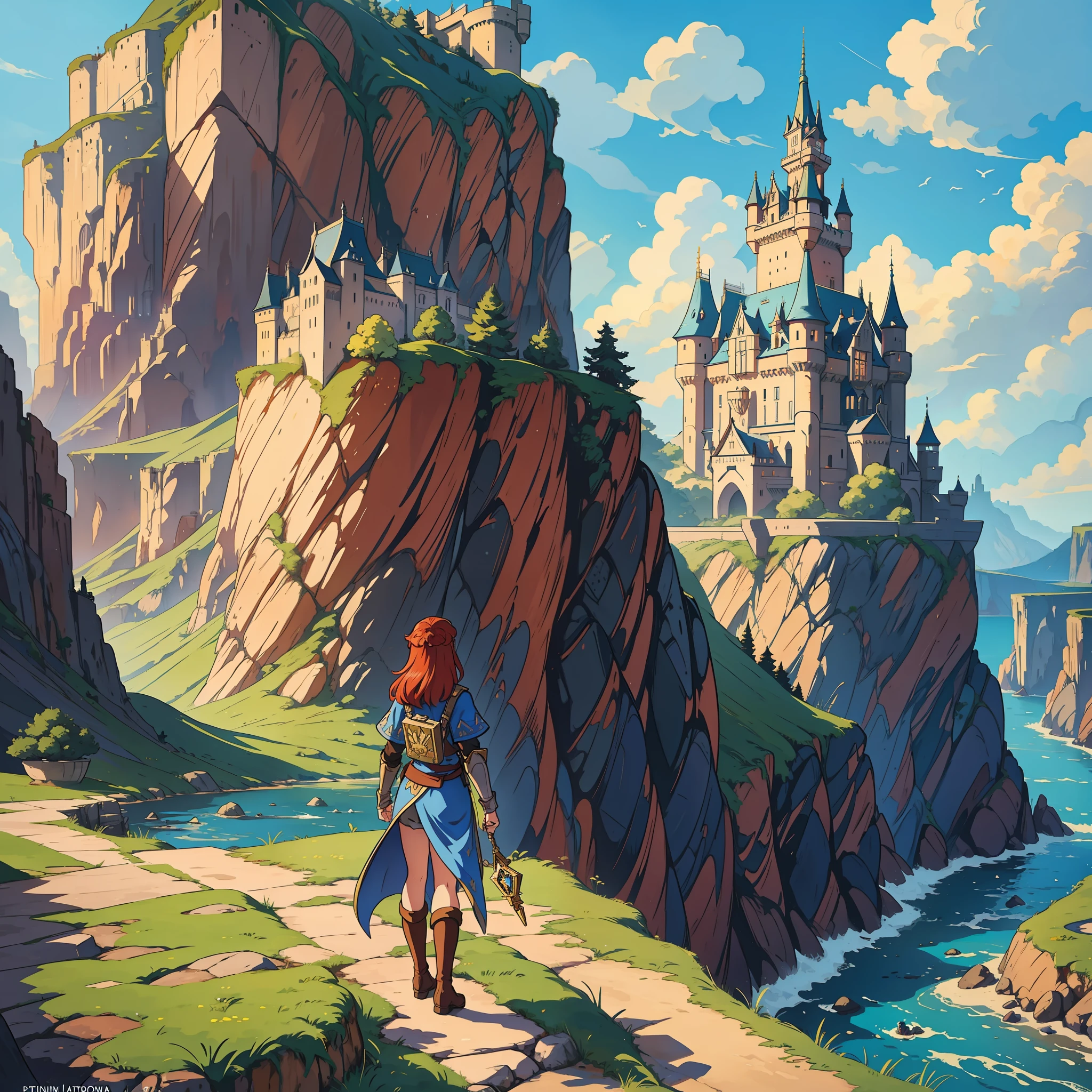 a woman standing on a ledge overlooking a castle and a river, Cushart Krenz female key art, standing near a castle, manga castle scene, highly detailed official art, official art, amazing wallpaper, in front of a fantasy city, castle background, fantasy graphic novel style, hyrule, key art, Redhead - haired princess, fantasy RPG book illustration --auto --s2