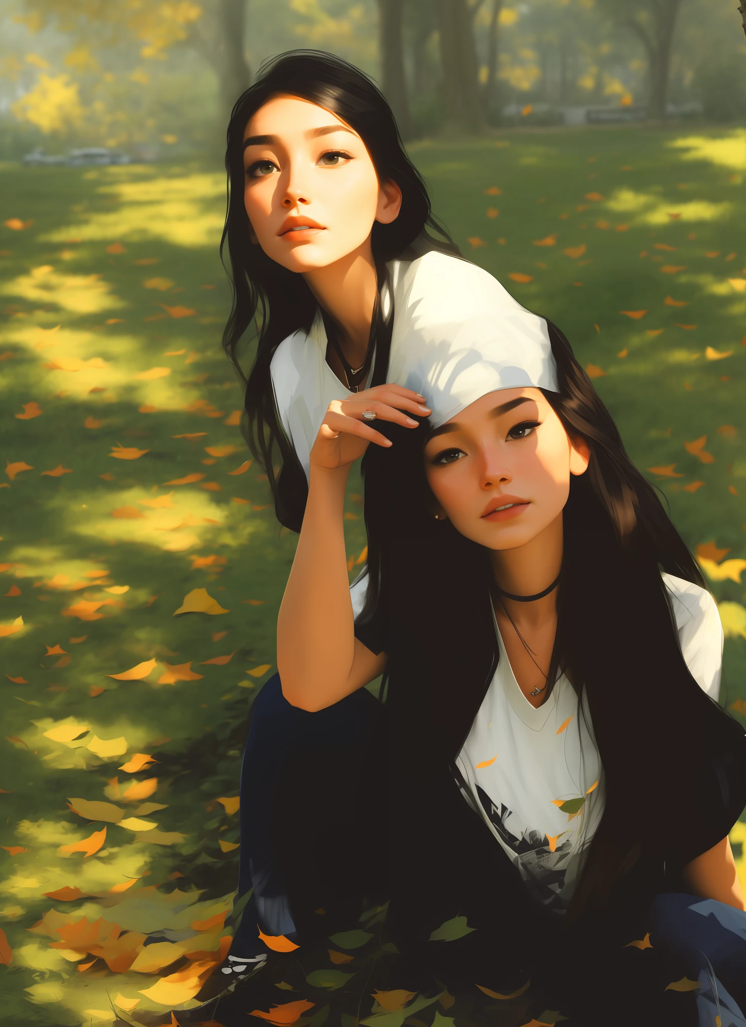 closeup, samdoesarts style beautiful woman, in a park with orange leafs , by jeremy mann, by sandra chevrier, by dave mckean and richard avedon and maciej kuciara, white tank top and jeans, high detailed, 8k