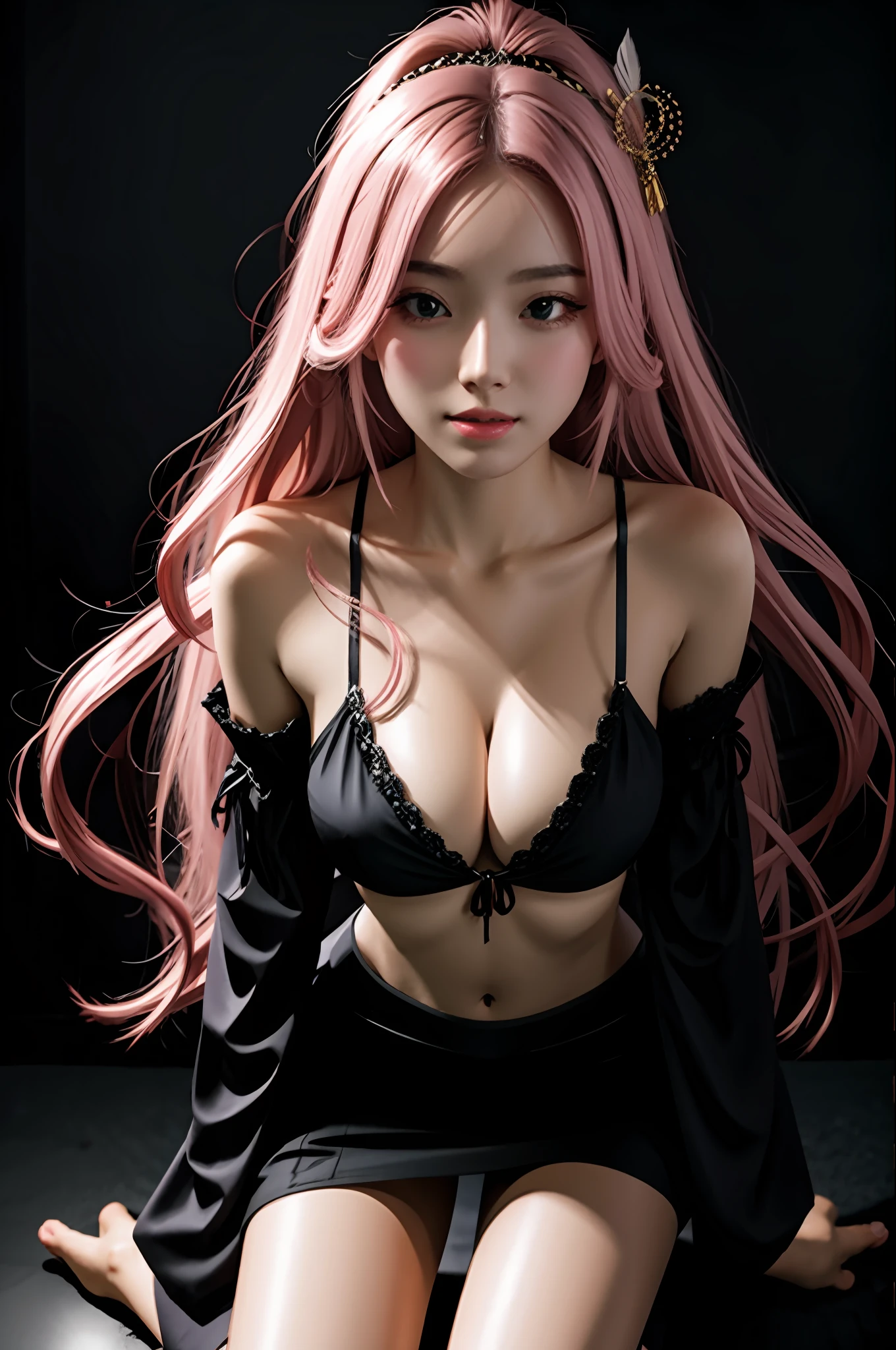 Realistic, realistic details, details
break
1 girl, beauty, seductive face,, fine skin, anicos_inori, pink hair, long hair, navel, parted sleeves, bare shoulders, center opening, cleavage, middle chest, hair clip with long feathers, hair ornament, red eyes, thigh height,, full body, watch viewer,
Break, Another World, Miniskirt, Darkness
, simple background. Kneeling. Get on your knees.
break
Perspective, blurry background, third rule, sharp focus, depth of field
break
(Urzan-6500-V1.1:0.2)