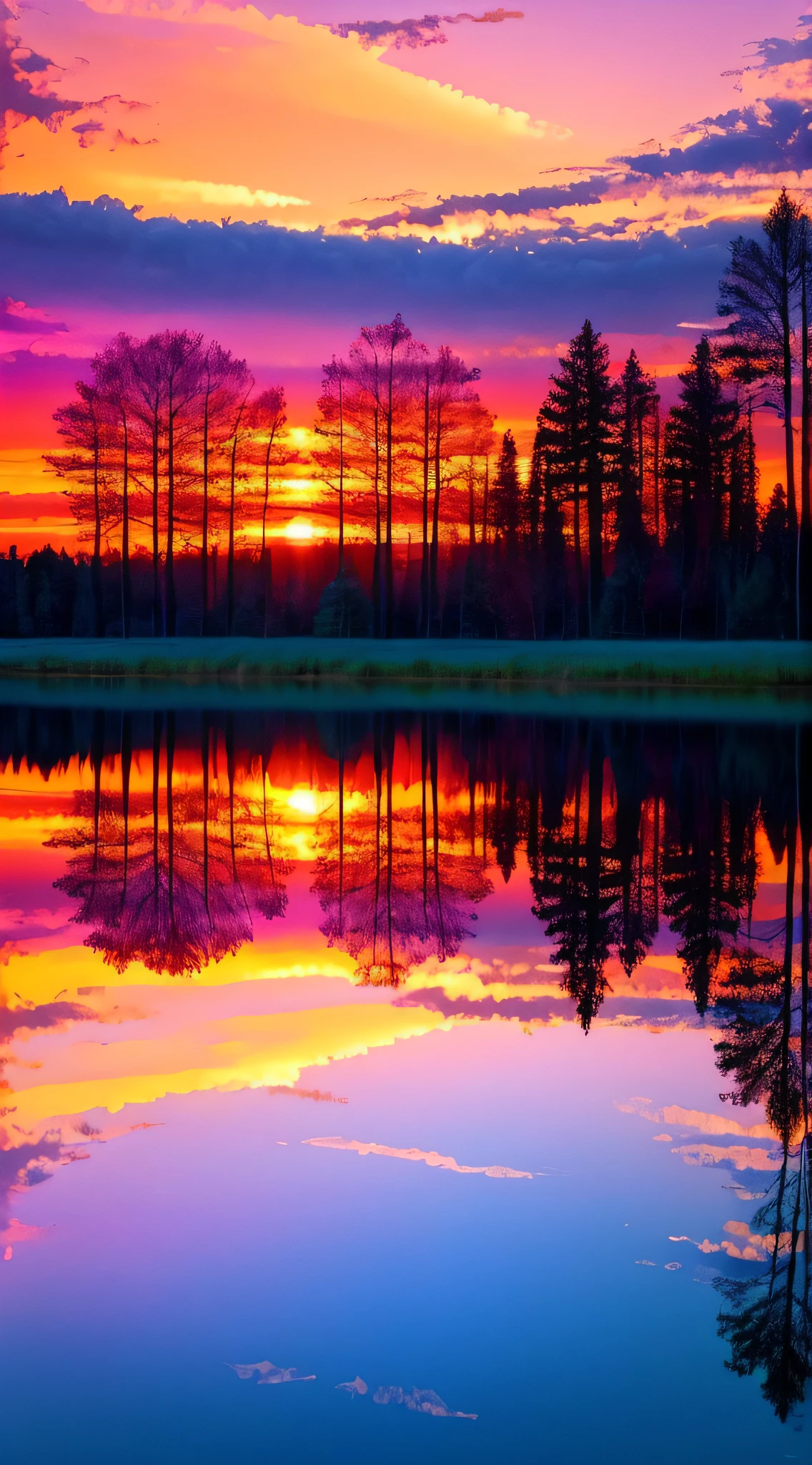 there is a beautiful sunset with a lake and trees in the background, colorful skies, surreal colors, colorful sunset, colorful sky, marvellous reflection of the sky, stunning sky, dream like atmosphere 8k, colorful clouds, colors reflecting on lake, surreal sky, red and blue reflections, fire reflection, beautiful sky, beautiful and spectacular dusk, beautiful dreamy landscape, amazing sky