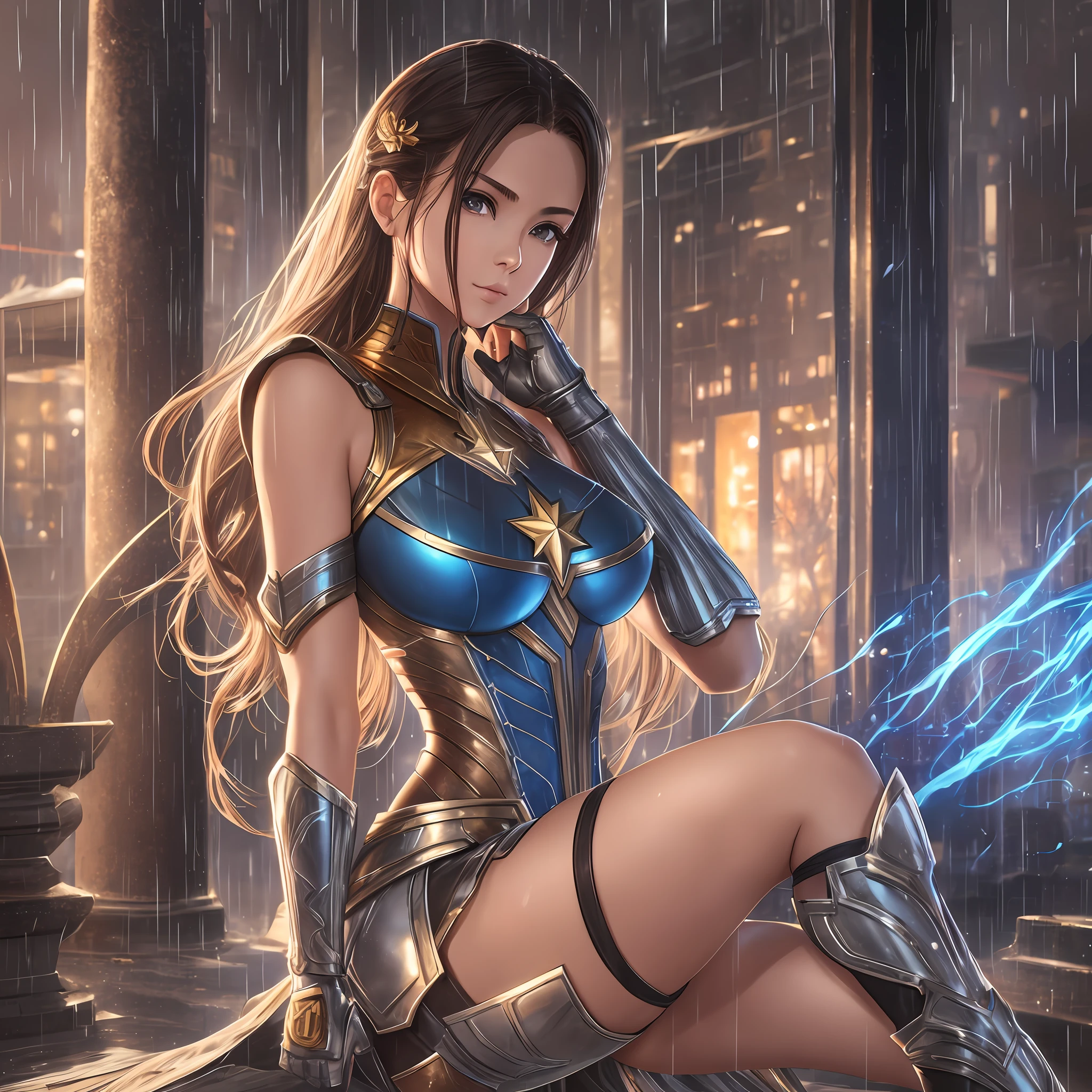 Main: “Chipupu”, 20 years old, Photo Realistic, Realistic. 1girl realistic, skin realistic, “Chipupu” face, big boobs, captain marvel, detailed eye makeup, puffy eyes, solo, sharp focus, volumetric fog, 8k uhd, dslr, high quality, film grain, photorealism, lomography, 
    Trigg: hiqcgbody, Highly detailed RAW color Photo, toned physique, (elegant, beautiful face), (detailed skin), (oil:0.6), (tesla coil:0.4), soft lighting, (side lighting:0.8), shadow casting, deep focus, photographed on a Leica 10772 M-P, 85mm macro lens, F/8 aperture, film still, (Office Lady, sexy), long hair, fashionable princess, (extremely detailed face) (very detailed and expressive eyes), (((small_breasts,finely detailed small nipple, breasts out,exhibitionism))) ,revealing clothes
          Focus: Clear focus: 1.2, 1girl, Perfect body beauty: 1.4, Slim abs: 1.1, ((dark brown hair)), (White dress: 1.4), (Outdoor, night: 1.1), City Street, Super Fine Face, Fine Eyes, Double Eyelids, (Over the knee black stockings: 1.5)
    Inline: Large breasts: 1.2)), (no bra) (Small and beautiful hard nipple) (Thin and damp button up to shirt length: 1.1), (White shirt wet by rain), (Rain, Street: 1.2), Wet body: 1.1, Highly detailed face and skin texture, Detailed eyes, Double eyelid, tanned skin, sexy, tan
           Visible: a close up of a woman in a silver and blue dress, chengwei pan on artstation, by Yang J, detailed fantasy art, stunning character art, fanart best artstation, epic exquisite character art, beautiful armor, extremely detailed artgerm, detailed digital anime art, artgerm on artstation pixiv, armor girl --auto --s2