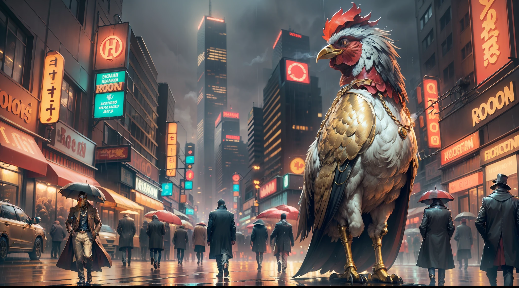 ((realistic)), ((detailed)), illustration, scene perspective (urban setting), character appearance (Rooster's head and humanoid body wearing an elegant overcoat, gold chains and rings while smoking a cigar on a rainy night with an imposing air), background elements (wet streets reflecting city lights, neon signs and buildings in the background).