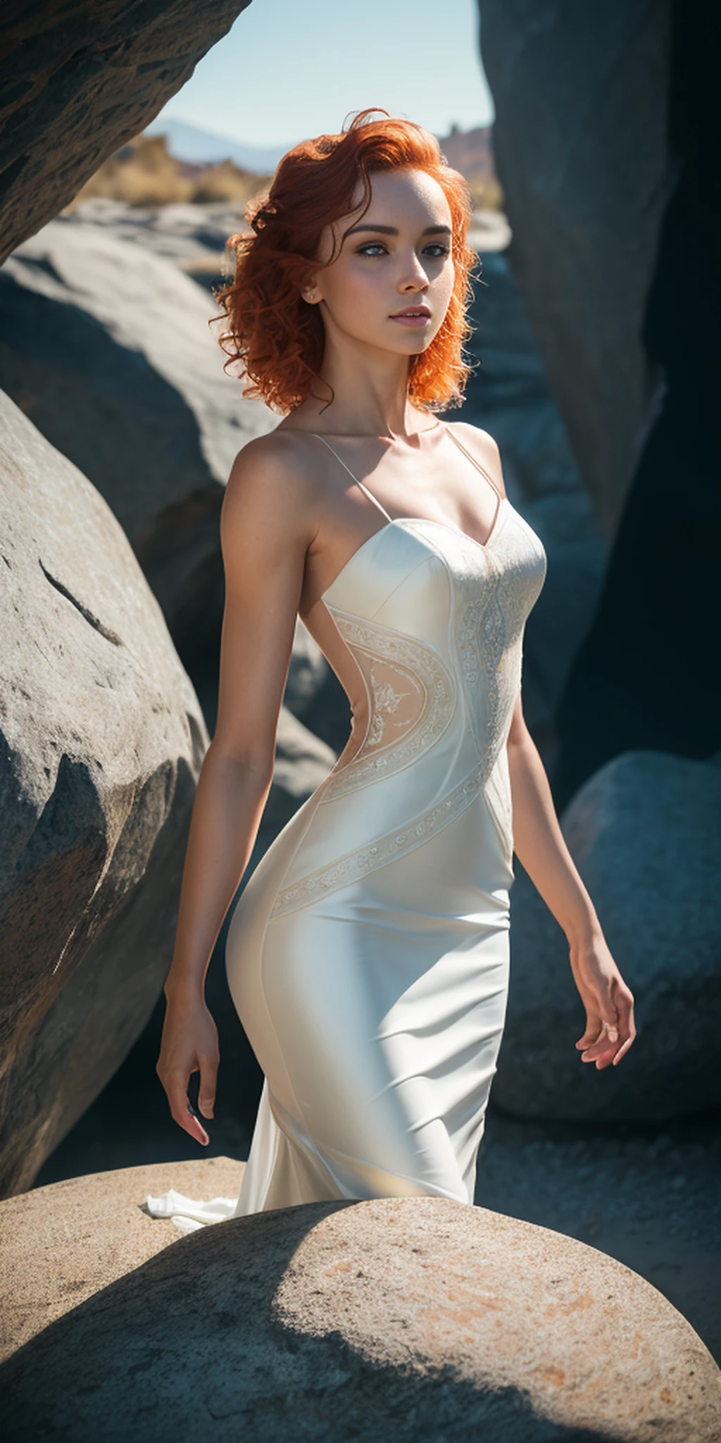 Masterpiece, (((full figure))) entire body in frame, (((magical lighting action shot))) (((beautiful slight smile anorexic pale goddess irrish woman standing in a glass stone rock room))), (((intricate wedding dress))) , (((short redhead hair))) sunset lighting, golden hour, golden colors, very detailed, dramatic lighting, digital art trending on Artstation 8k HD high definition detailed realistic, detailed, skin texture, hyper detailed, realistic skin texture, armature, best quality, ultra high res, (photorealistic:1.4), high resolution, detailed, raw photo, sharp re, by lee jeffries nikon d850 film stock photograph 4 kodak portra 400 camera f1.6 lens rich colors hyper realistic lifelike texture dramatic lighting unrealengine trending on artstation cinestill 800, (((accurate female anatomy)))