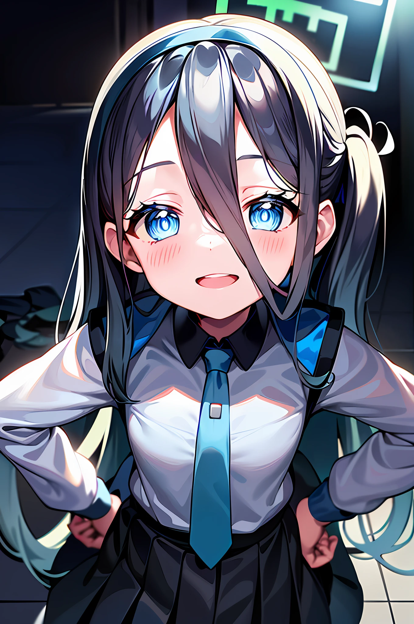 (pureerosface_v1:0.66), best quality, ultra high resolution, (photorealistic: 1.4), 1 girl, fine eyes, dark eye makeup, slim waist, blush, k-pop idol, (charm: 1.0), fine eye makeup, puffy eyes, solo, perfect anatomy, (big), (slender), (black hair: 1), (look at the viewer), (original_ alice), (light blue tie), (marine blue eyes), (zhuo),(alice_halo:0.7),(blue halo),(smile),(happiness),(pigtails),(long hair),(long bangs),(blue archive),(black hair band),(long coat),(school uniform),(white long-sleeved shirt),(pleated skirt),(navy blue skirt),(bare feet),nsfw, Depth of field, facial details, skin luster, beautiful eyes, dark eye makeup, slim waist, blush, fine eye makeup, solo, perfect anatomy. (((night view))). (((put your hands on your hips))). Make a fist. Face forward, look at the front, look at the camera. (((from above))).