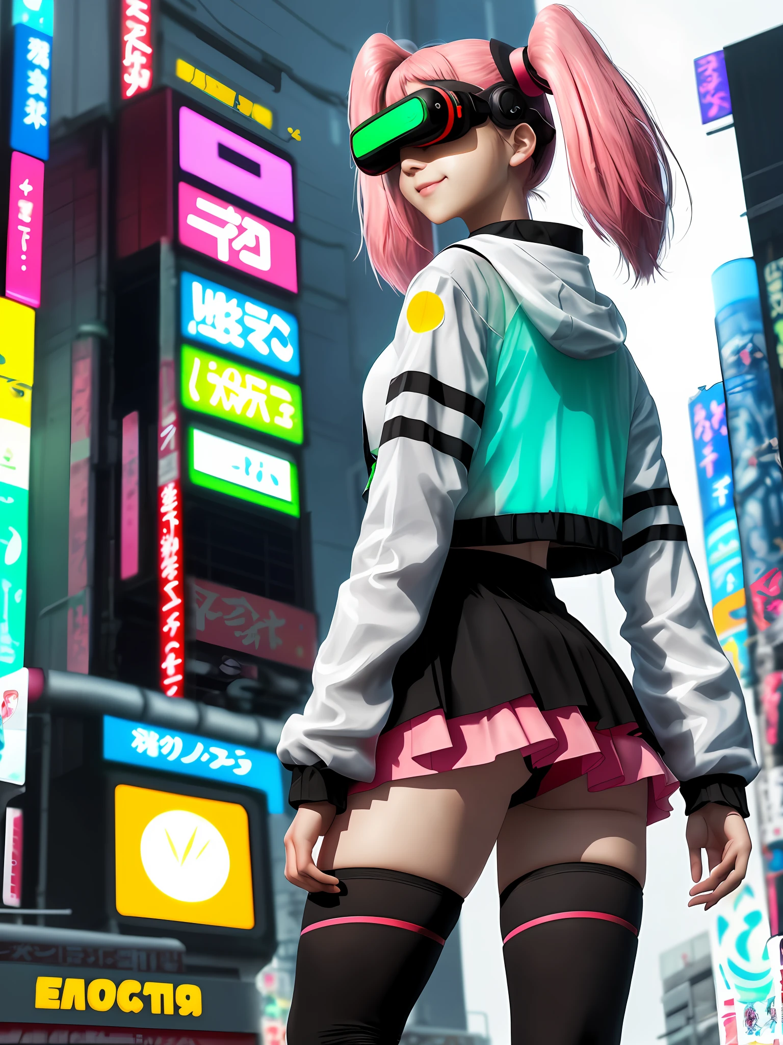 masterpiece, highest quality, realistic, subsurface scattering, chromatic lighting, Color, red + green + blue + yellow limited color palette, detailed concept diagram, cyberpunk, future, 18 years old 1 woman, big soft breasts, open clothes, see-through jacket, anime face, big eyes, cyberpunk Tokyo Street, Japan beautiful girl, beautiful ass, angle from below, back view, 8k, Akihabara, one girl, white skin, moist pink lips, cute smile, no background person, electric town of near future, twin tails, gentle eyes, high school girl black mini skirt showing a little pants, ultra-thin transparent VR sunglasses, beautiful thighs, knee high socks, full body, platform high-tech basketball shoes,