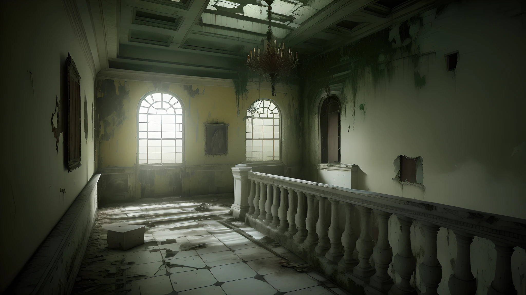 there is a long hallway with a stone floor and a balcony, post apocalyptic palace interior, inspired by senior environment artist, an old abandoned mansion, in a old house. hyper realistic, an abandoned, in a derelict house, abandoned asylum, abandoned house interior, hdr render in unreal engine 5, haunted liminal abandoned room, urbex photography, unreal 5 engine render