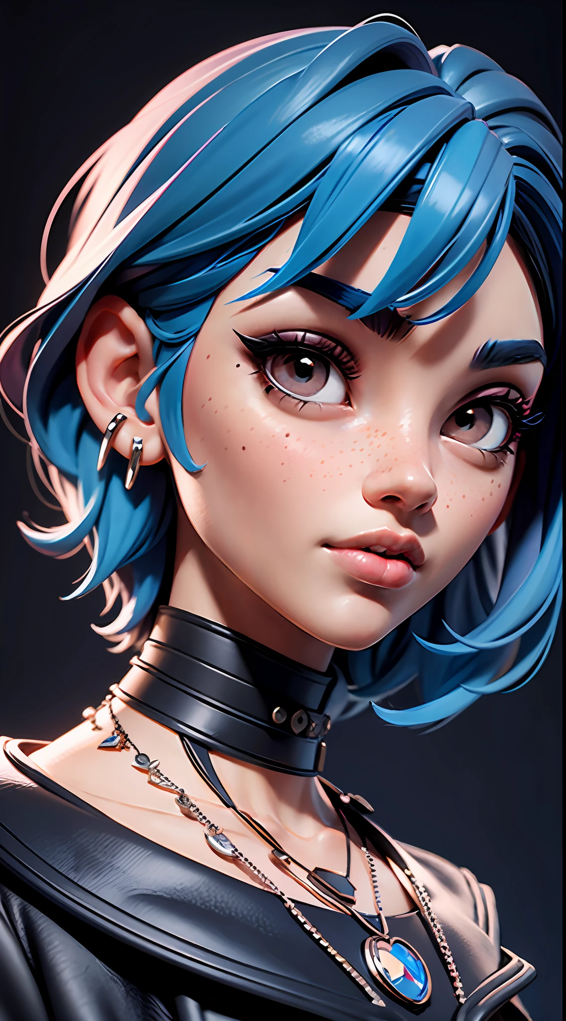 masterpiece, best quality,3d rending work ,3DMM style,close-up,portrait, 3D,1girl, solo, multicolored hair, blue hair, black hair, necklace, freckles, jewelry, two-tone hair, looking to the side, realistic, upper body, simple background, bangs, looking away, short hair, parted lips, black eyes, lips, gothic, choker, makeup, mole, black shirt, shirt, watermark