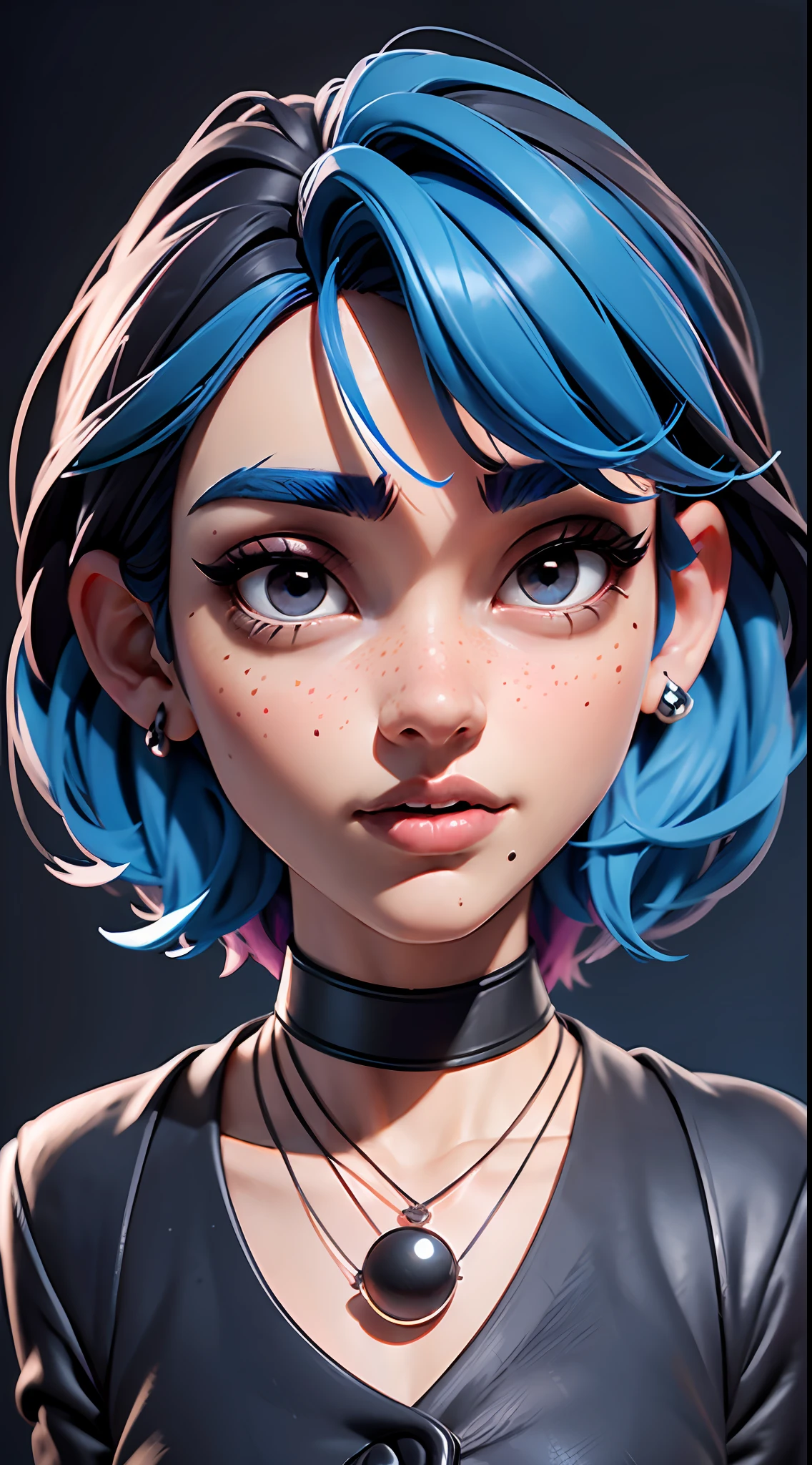 masterpiece, best quality,3d rending work ,3DMM style,close-up,portrait, 3D,1girl, solo, multicolored hair, blue hair, black hair, necklace, freckles, jewelry, two-tone hair, looking to the side, realistic, upper body, simple background, bangs, looking away, short hair, parted lips, black eyes, lips, gothic, choker, makeup, mole, black shirt, shirt, watermark
