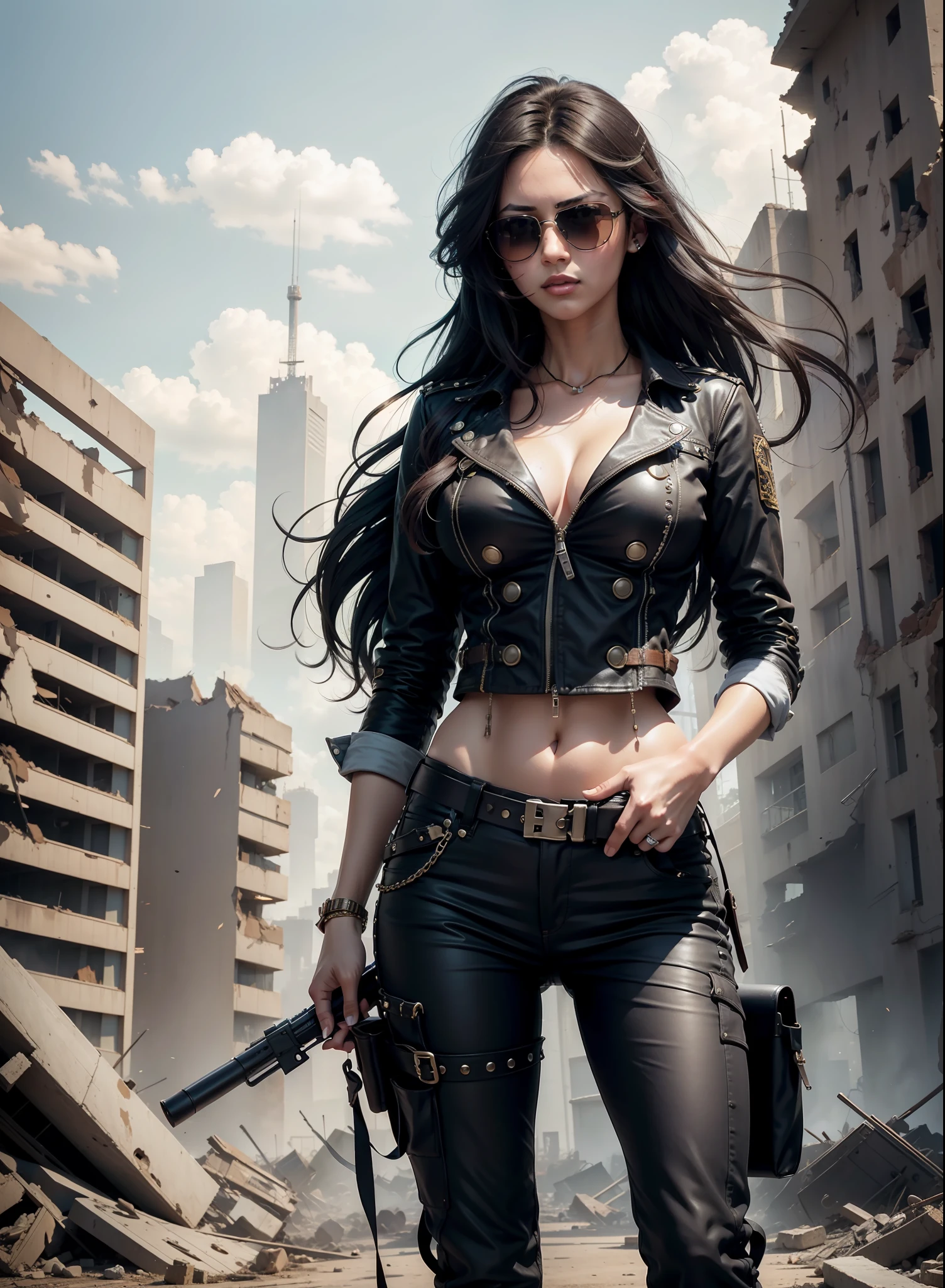 Medium breasted woman, pants, rivets, holsters, big gun, long black hair, sunglasses, in ruins