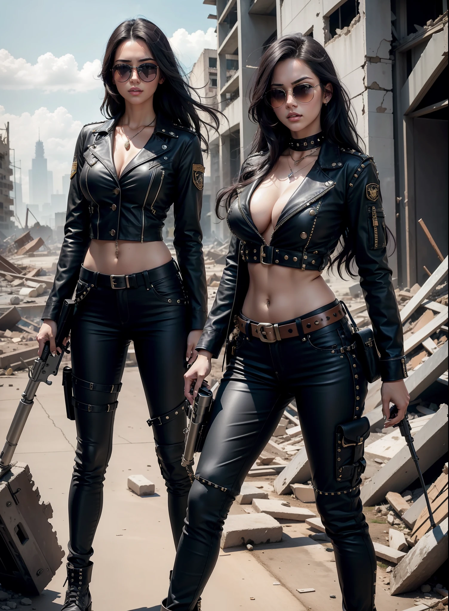 Medium breasted woman, pants, rivets, holsters, big gun, long black hair, sunglasses, in ruins