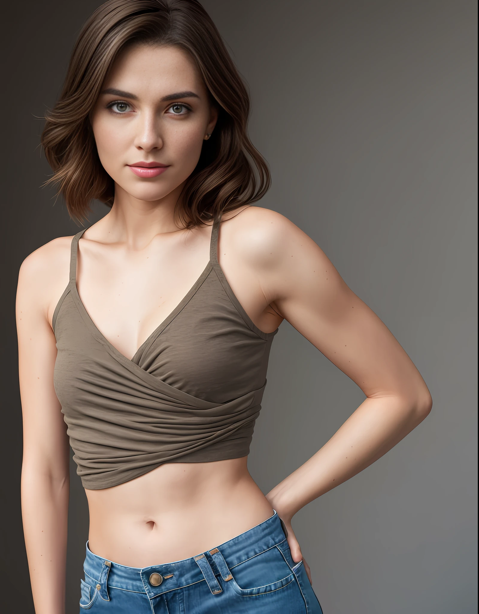 Dynamic pose, A woman named Meg has sharp angular cheekbones, full lips, and a slightly upturned nose. Her eyes are large brown and almond-shaped with a prominent crease, she has dark brown hair combed in loose waves, framing her face and reaching her shoulders, (( pose)),captivating, open short shirt, no bra, freckles, hyper-detailed photorealist, photorealism