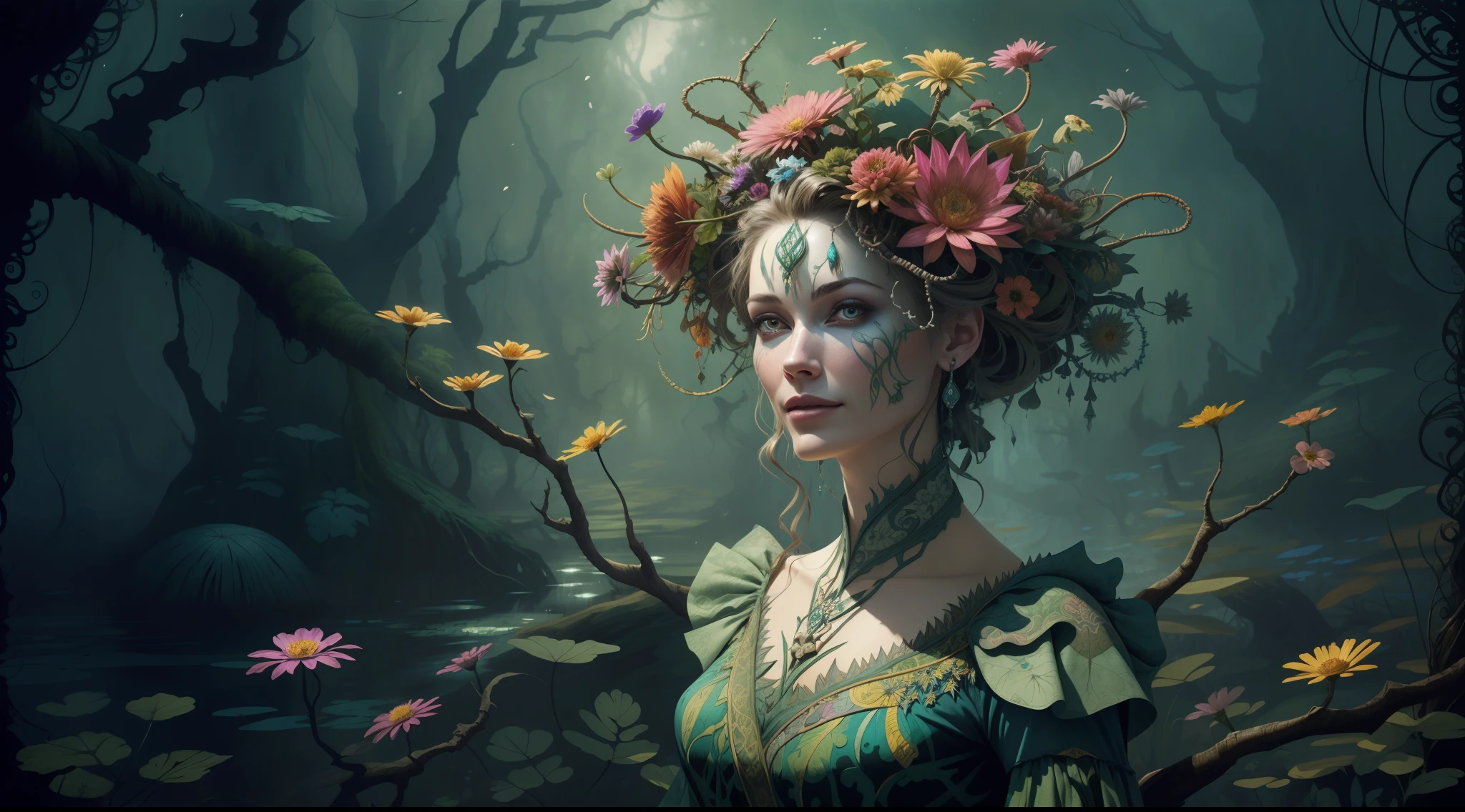 horror art, fear, unified 8k wallpaper, super detailed, beauty and aesthetics, masterpiece, best quality, (zentangle, mandala, tangles, entanglements), 1girl, (shimmering tulle earth tones intricate flower woven robes: 1.2), deep and rich black shadows, (up close from the side: 1.1), Mother Earth, smiling, enchanting whimsical fantasy forest background, happiness, enchanting atmosphere, very detailed, dynamic angle, cowboyshot, the most beautiful chaotic forms, elegance, fauvist design, bright colors, romanticism, by James Jean, Robbie Devi Antonio, Ross Tran, Francis Bacon, Michal Mraz, Adrian Gaini, Petra Koreit, Gerhard Richter, Takashi Yamamoto, Ashley Wood, Atmospheric