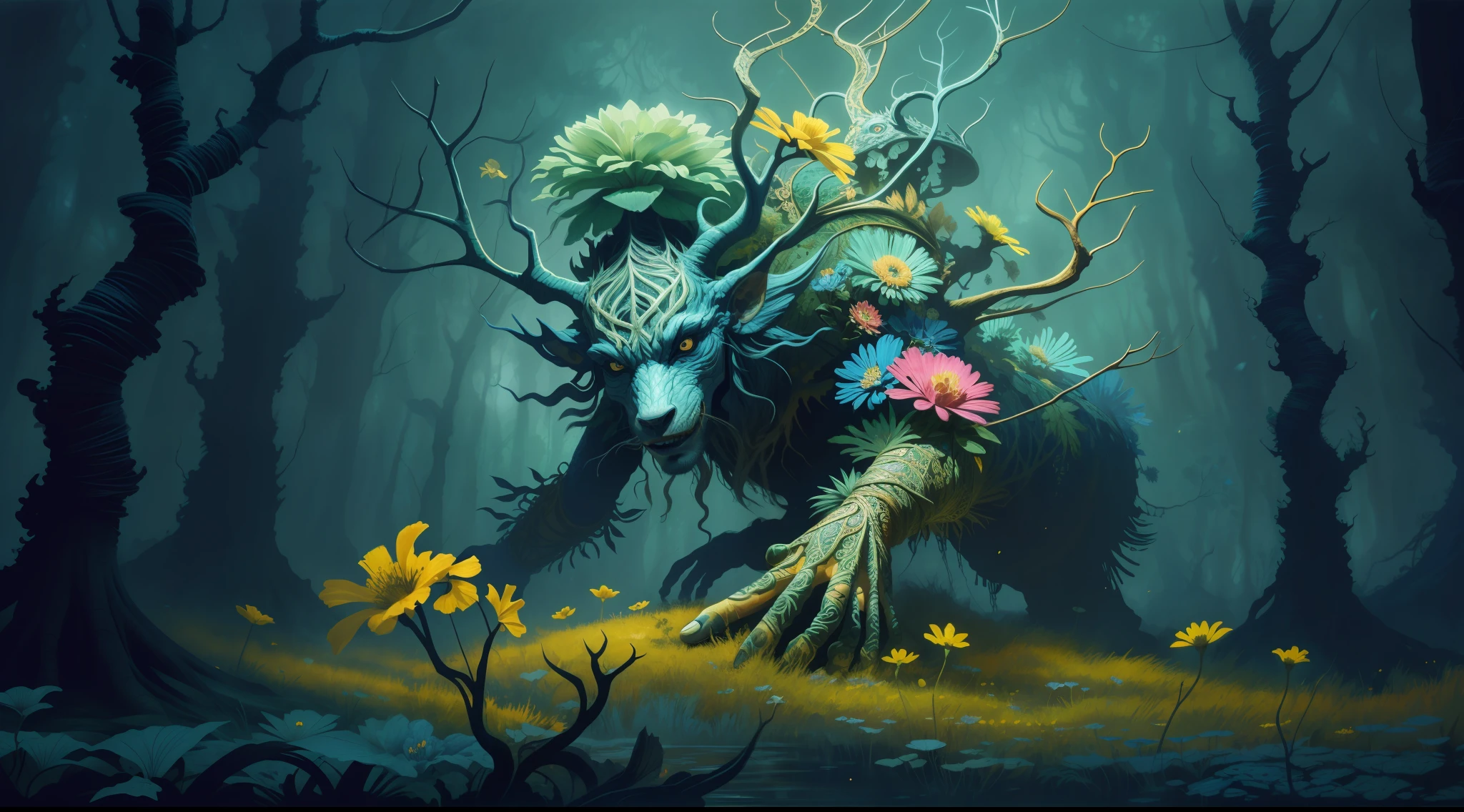 horror art, fear, unified 8k wallpaper, super detailed, beauty and aesthetics, masterpiece, best quality, (zentangle, mandala, tangles, entanglements), 1girl, (shimmering tulle earth tones intricate flower woven robes: 1.2), deep and rich black shadows, (up close from the side: 1.1), Mother Earth, smiling, enchanting whimsical fantasy forest background, happiness, enchanting atmosphere, very detailed, dynamic angle, cowboyshot, the most beautiful chaotic forms, elegance, fauvist design, bright colors, romanticism, by James Jean, Robbie Devi Antonio, Ross Tran, Francis Bacon, Michal Mraz, Adrian Gaini, Petra Koreit, Gerhard Richter, Takashi Yamamoto, Ashley Wood, Atmospheric