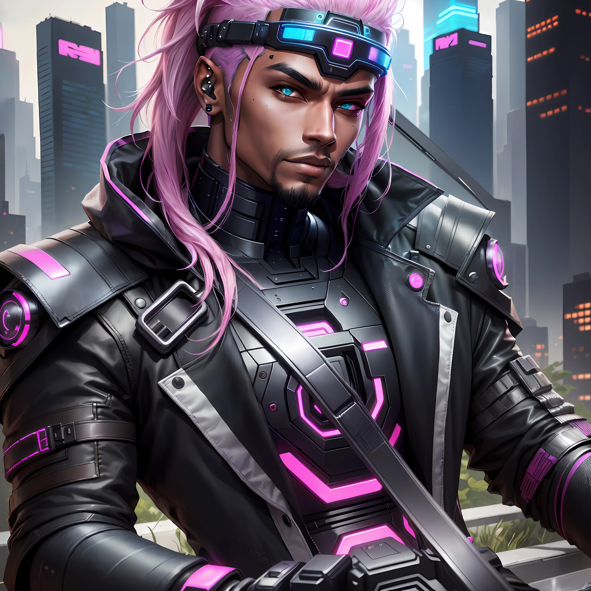 arafed male in a futuristic suit with pink hair and goggles, cyberpunk hero, cyberpunk dude, digital cyberpunk anime art, cyberpunk character art, cyberpunk character, cyberpunk character design, cyberpunk art style, portrait of a cyberpunk cyborg, cyberpunk futuristic neo, portrait of a cyberpunk man, portrait of a cyberpunk samurai, cyberpunk artstyle, modern cyberpunk, cyberpunk knight, cyberpunk themed art very black skin. black skin. shadow skin. black like night skin