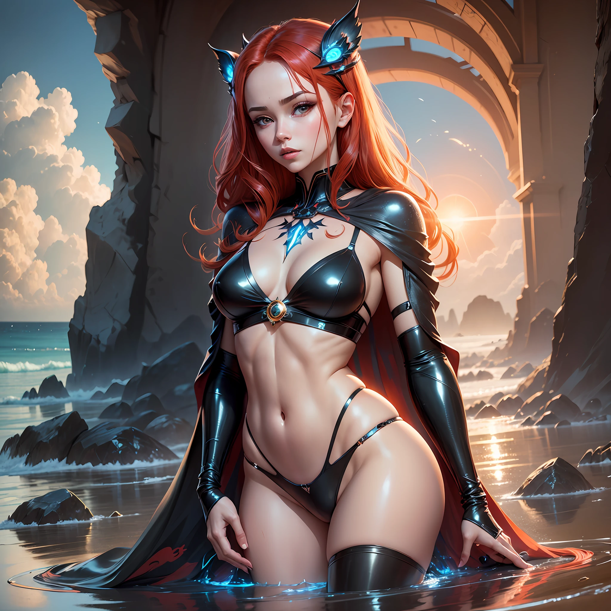 Woman in bikini and cape poses on a beach, red-haired goddess, karol bak uhd, anime goddess, beautiful seductive anime woman, ross tran 8k, bikini in black, full body CGSOCIETY, shiny plastic bikini, realistic bikini, deviantart artstation cgscosiety, cinematic goddess body shot, beautiful goddess, beautiful realistic, (full body girl), big, small lingerie, thin lace, cute face,  sun, cinematic light, a beautiful woman, beautiful eyes, perfect anatomy, very beautiful, princess eyes, (black eyes), (head frame), centered image, stylized, bioluminescence, --auto --s2